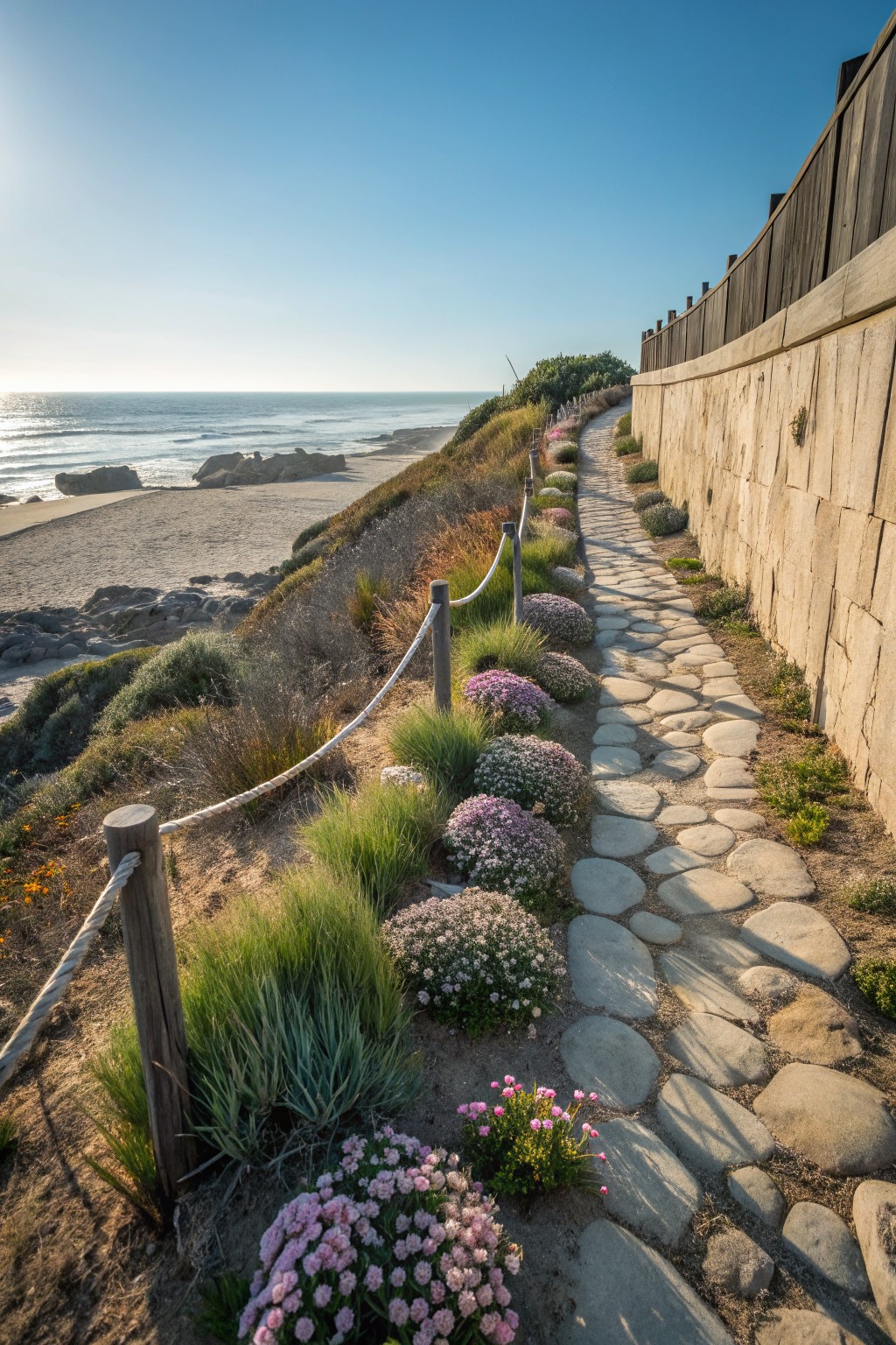 Winding stone pathway edged with low pink and white flowering plants, rope fencing on wooden posts, stone retaining wall, coastal bluff overlooking beach and ocean.