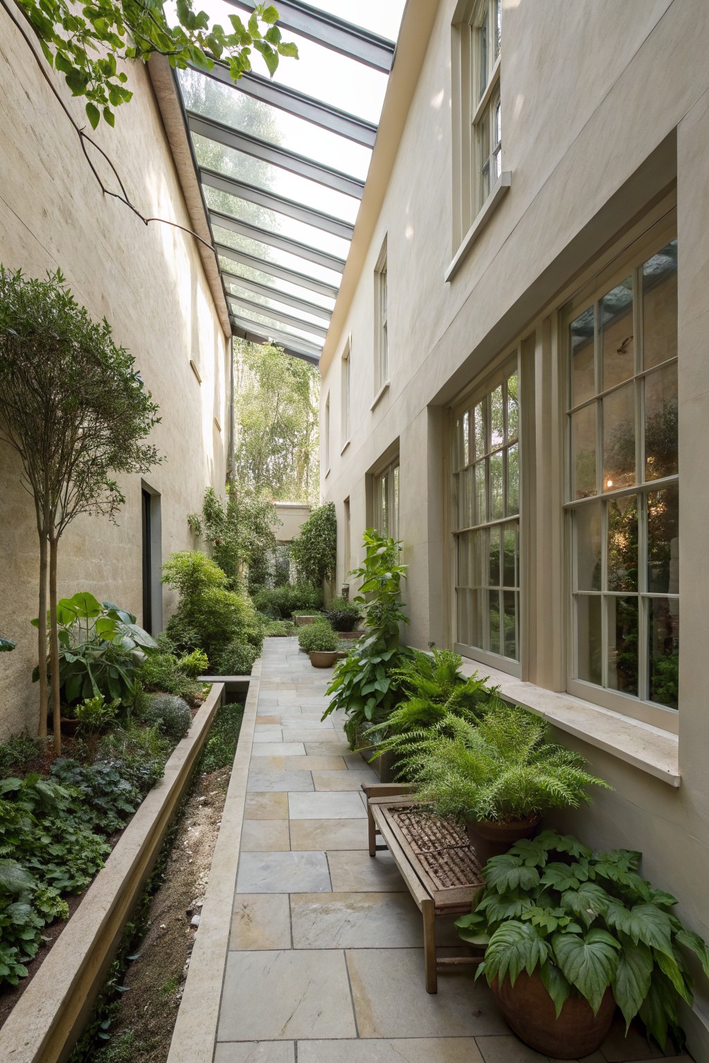 Long narrow covered passageway with lush green plants in linear beds along beige walls, central stone path beside a water channel, wooden bench, and large windows on one side.