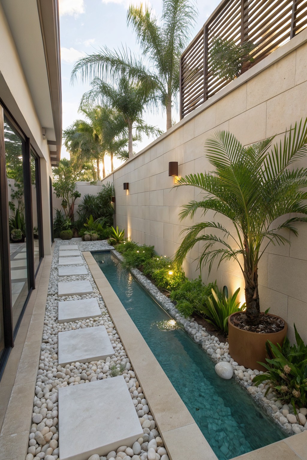 Narrow turquoise pool flanked by white pebbles, plants, and large square stepping stones in a walled courtyard with palm trees and stone walls.