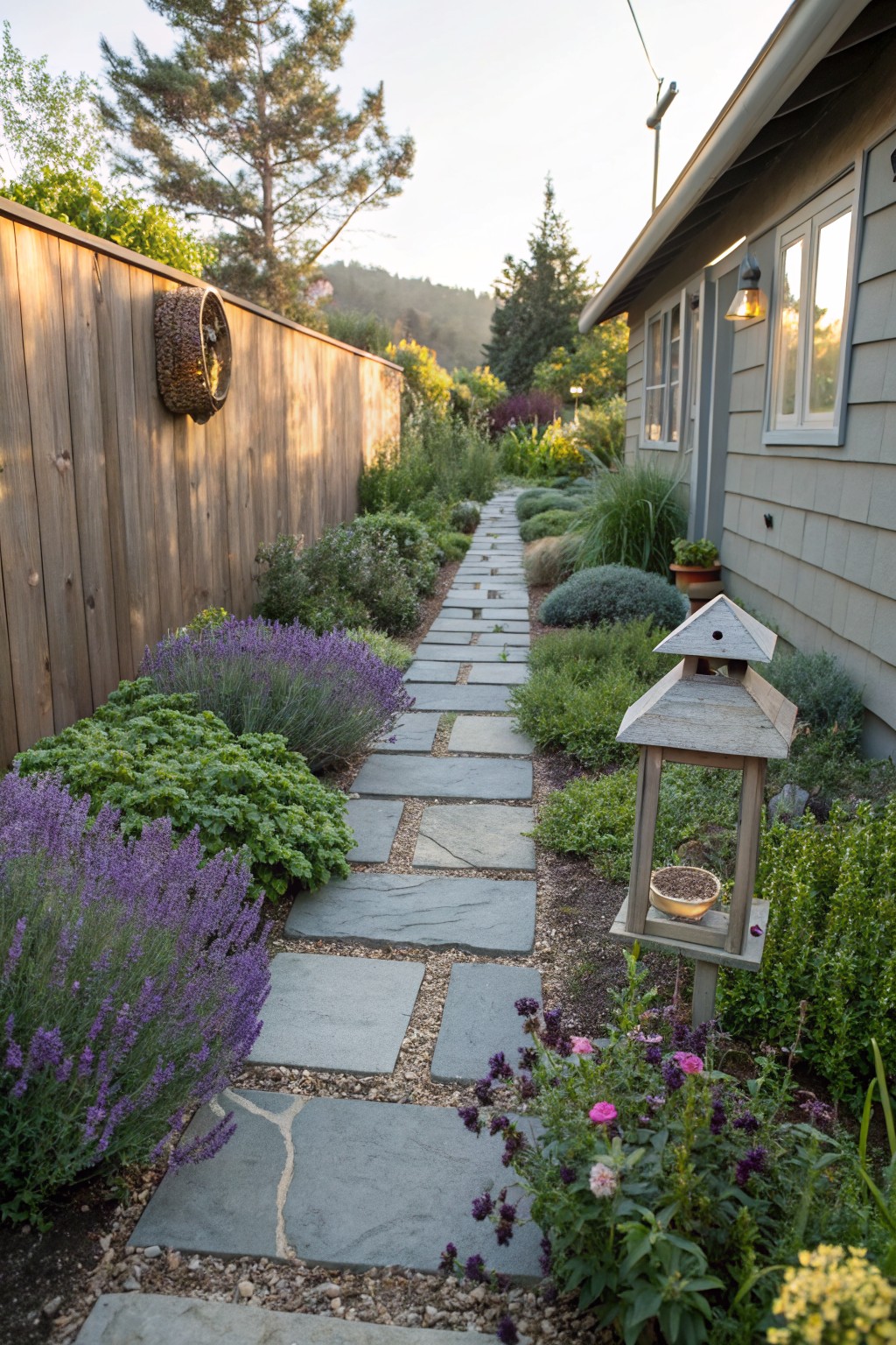 Narrow garden path of irregular gray flagstone steps set in gravel, bordered by lavender, herbs, and shrubs next to a gray shingled house wall, with a wooden birdhouse lantern and bird feeder nearby.