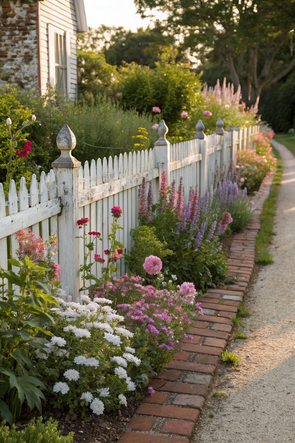 White picket fence bordering a long narrow flower bed with pink, purple, red, and white perennials, edged by brick pavers along a gravel path next to a brick house.