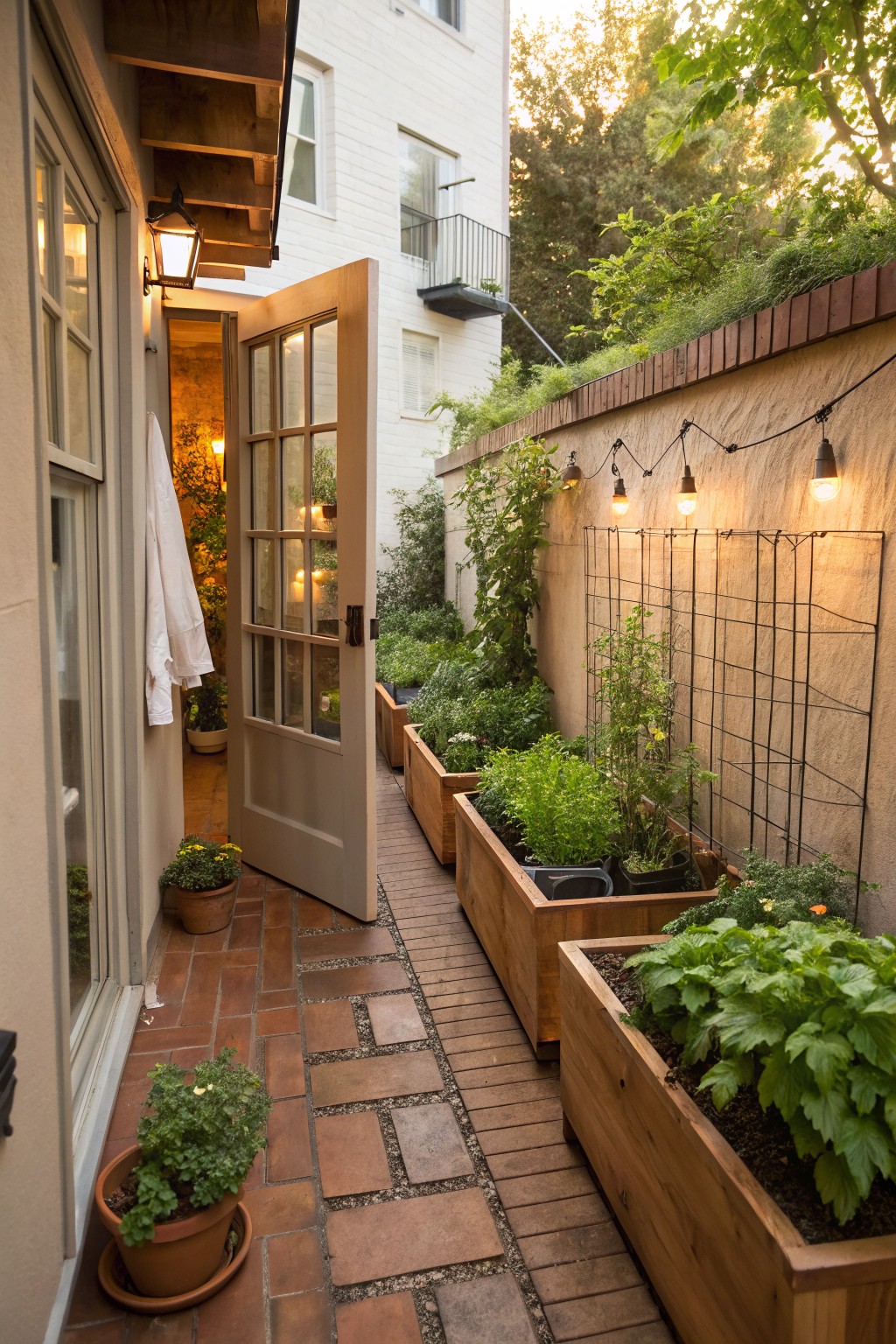 Narrow brick pathway between a house and stucco wall, lined with tall wooden raised planters filled with herbs and flowers, string lights on trellises, and an open glass door on the house.