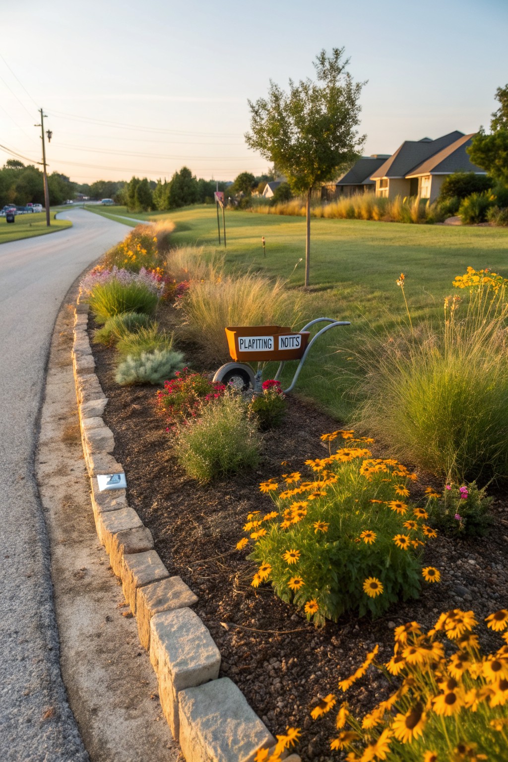Long narrow flower bed along a curved roadside edged with stacked stone blocks, filled with yellow black-eyed Susan flowers, ornamental grasses, and a red wheelbarrow labeled 