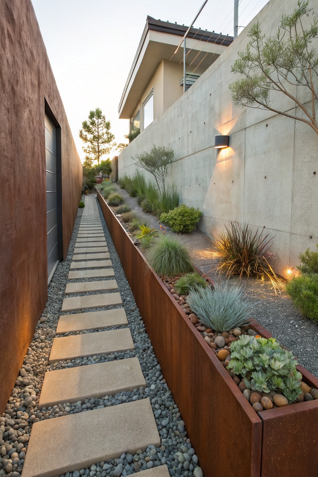 Narrow pathway with concrete stepping stones and gravel, flanked by tall Corten steel planters filled with succulents, grasses, and small shrubs between stucco and concrete walls.