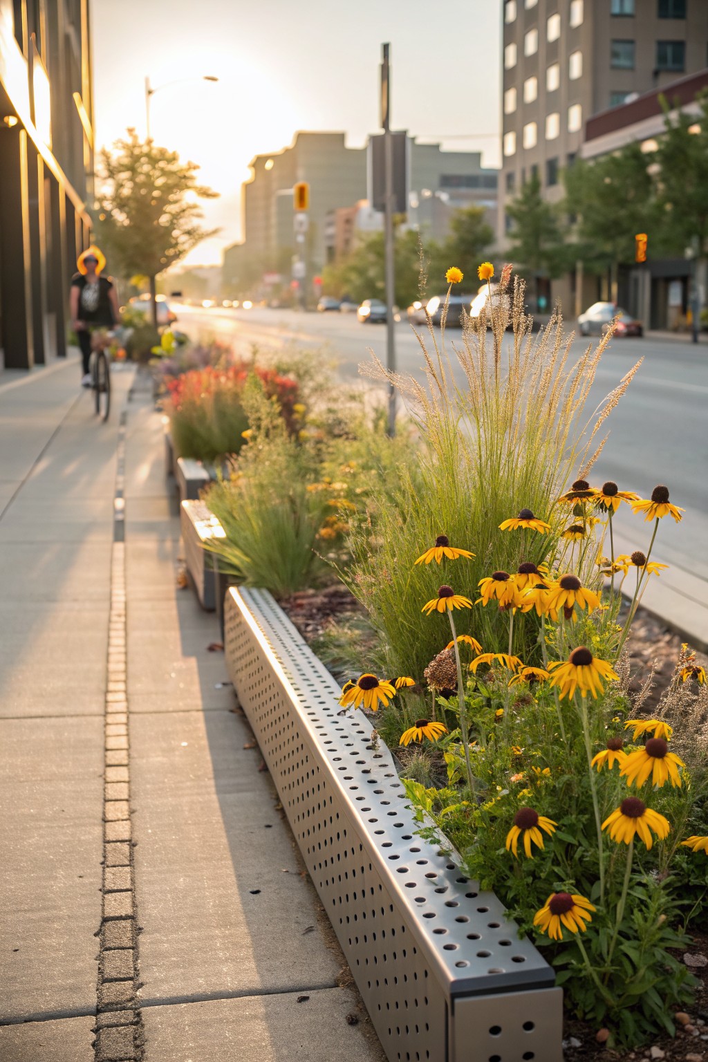 Long narrow raised flower bed with perforated metal edging along a city sidewalk, filled with yellow black-eyed Susan flowers and tall ornamental grasses, benches nearby, cyclist on path, and urban buildings in golden hour light.