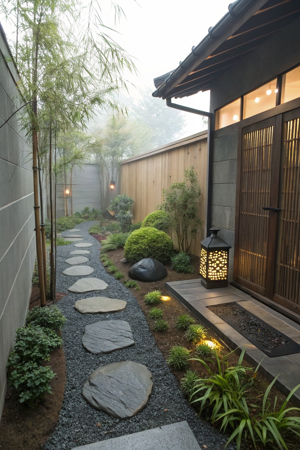 Narrow garden path of irregular flat stepping stones set in dark gravel, flanked by bamboo, low shrubs, rocks, and groundcover, leading to a wooden sliding door with lantern light on a dark exterior wall.