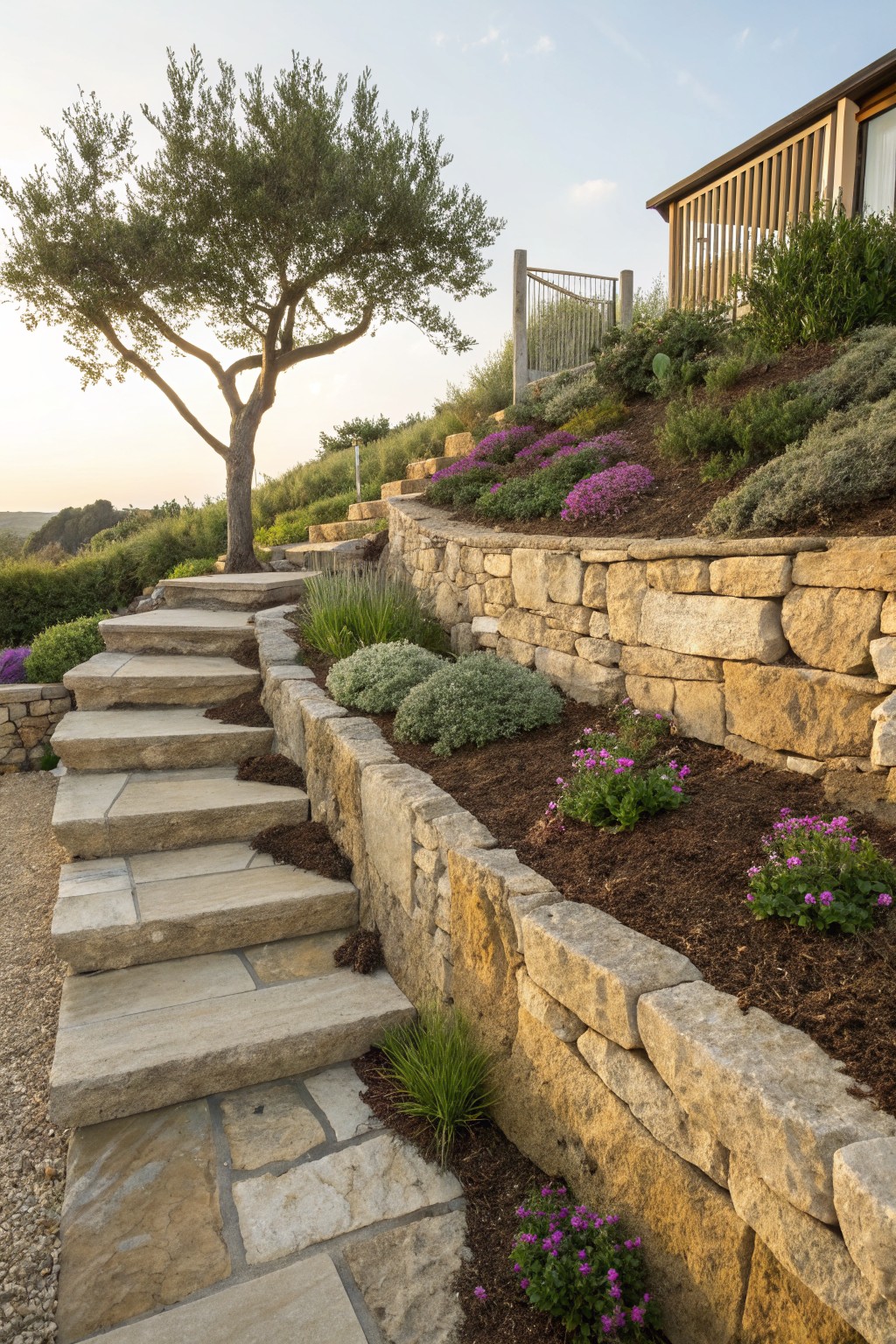 Tiered dry-stacked stone retaining walls with narrow flower beds of purple flowers, grasses, and shrubs line stone steps ascending a hillside garden next to an olive tree and a house.