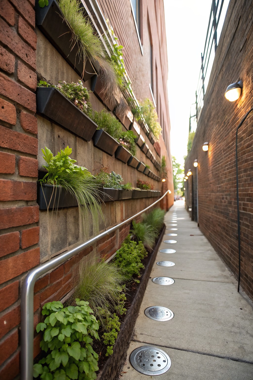 Narrow brick passageway with vertical black planters overflowing with grasses and herbs on one wall, ground-level plantings along the base, stainless steel handrail, concrete path with metal grates, and wall-mounted lights.
