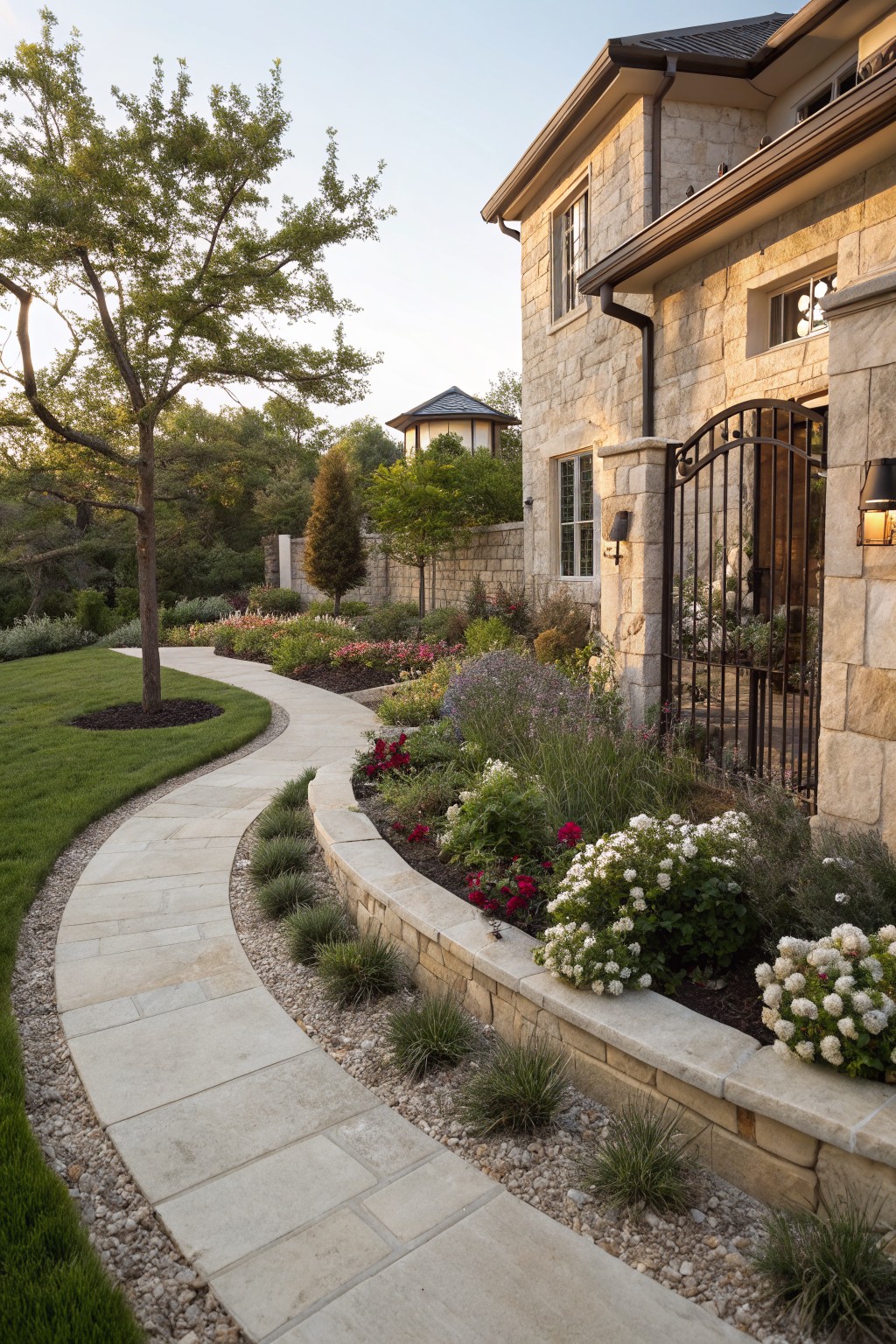 Curved beige stone pathway winds through a narrow landscaped flower bed edged by low plants and a stone retaining wall next to a stone house exterior with an iron gate entry.