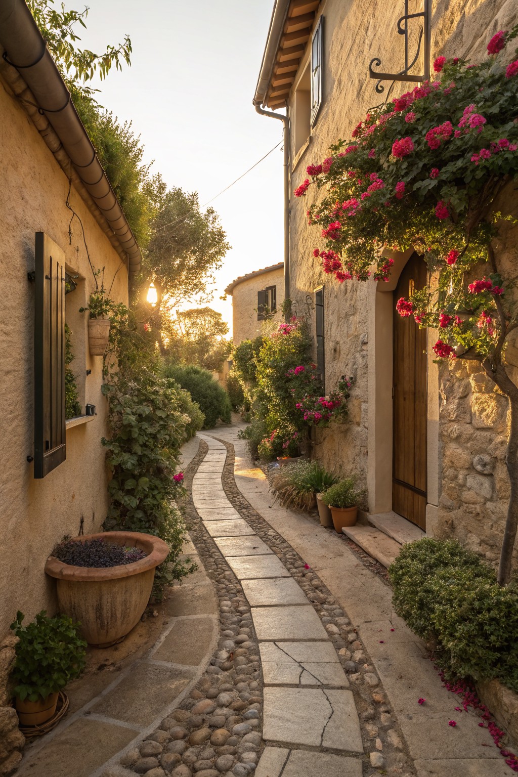 Narrow curved pathway of irregular gray stone slabs and pebbles between beige stone walls covered in pink flowering vines and potted plants in a Mediterranean-style alley at sunset.