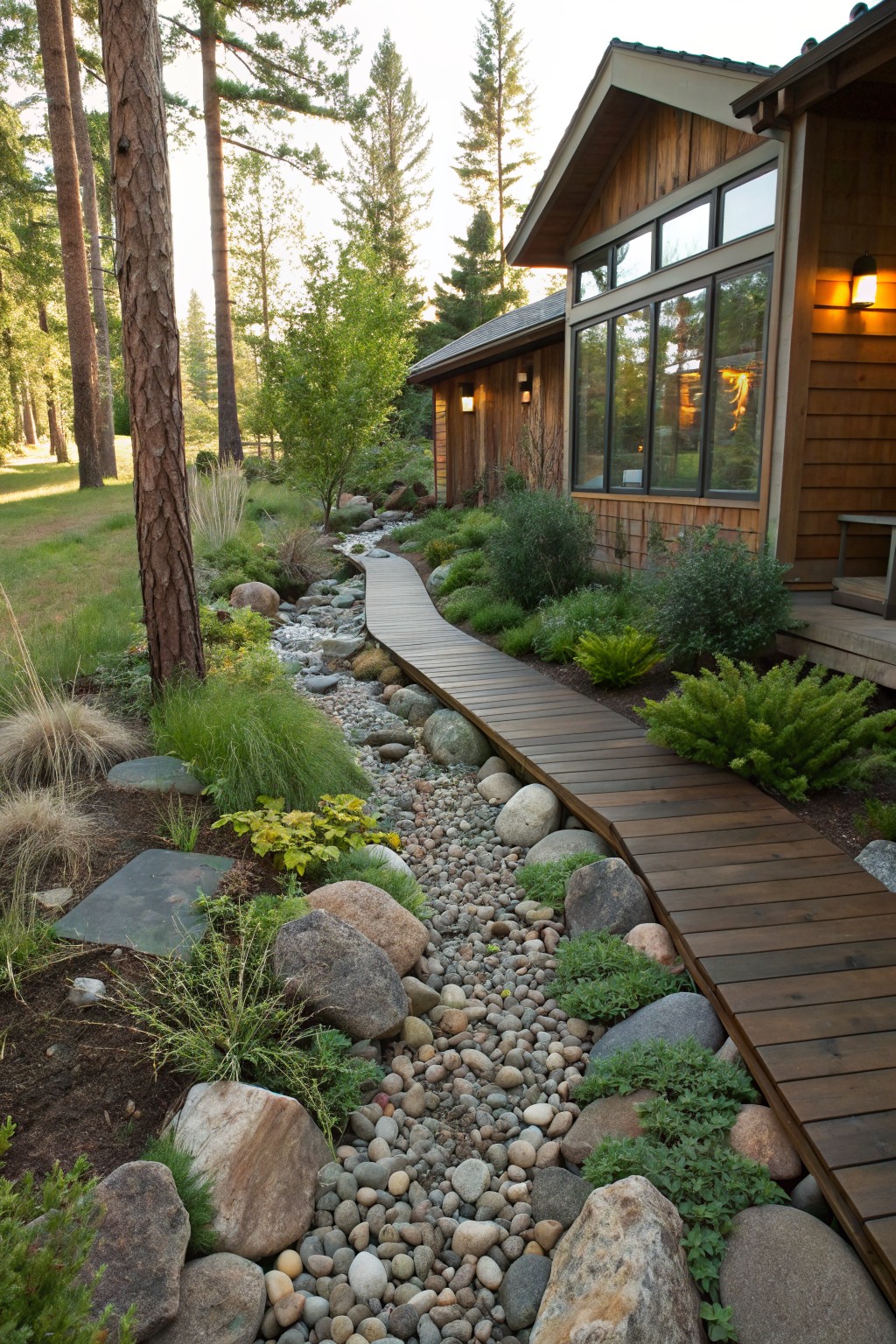 Side yard with a wooden boardwalk path next to a dry creek bed of pebbles and boulders, bordered by plants and rocks, adjacent to a cedar house exterior amid pine trees.