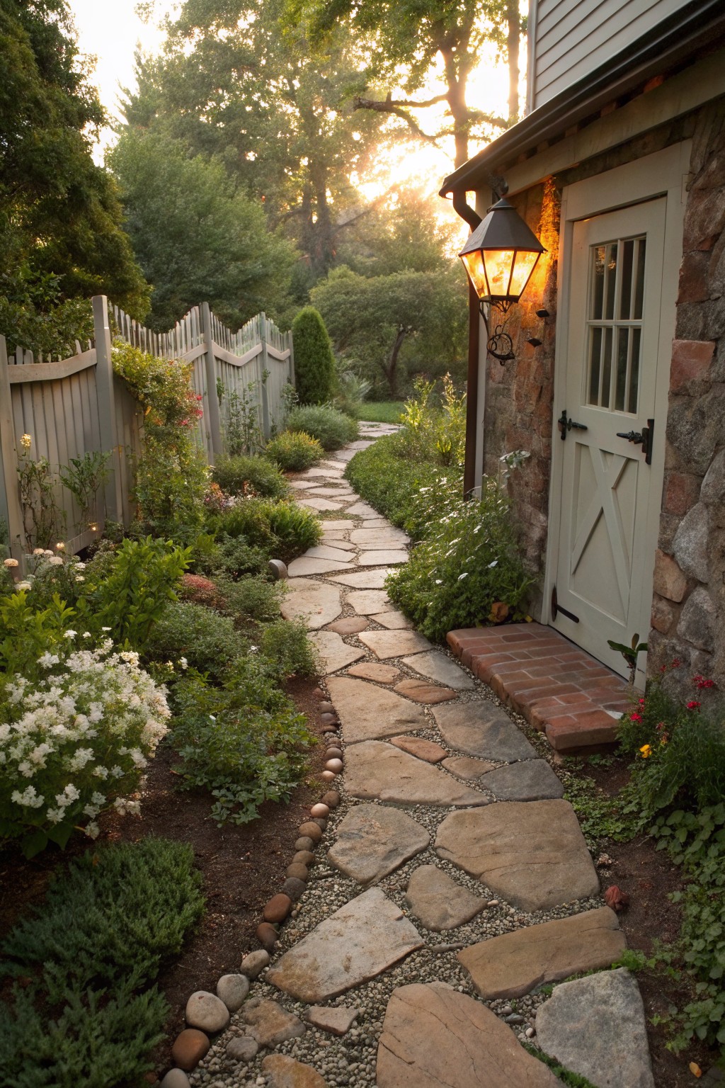 Narrow winding path of irregular flagstone slabs edged with pebbles and bordered by low plants leads to a small stone outbuilding with white wooden X-door, hanging lantern, brick step, picket fence, and trees in a side yard at sunset.