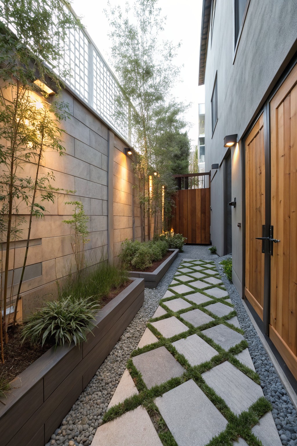 Narrow side yard featuring a grid-patterned gray stone paver pathway with grass strips, bordered by gravel mulch and rectangular wood planters with grasses and bamboo trees, against concrete walls leading to a wooden gate.