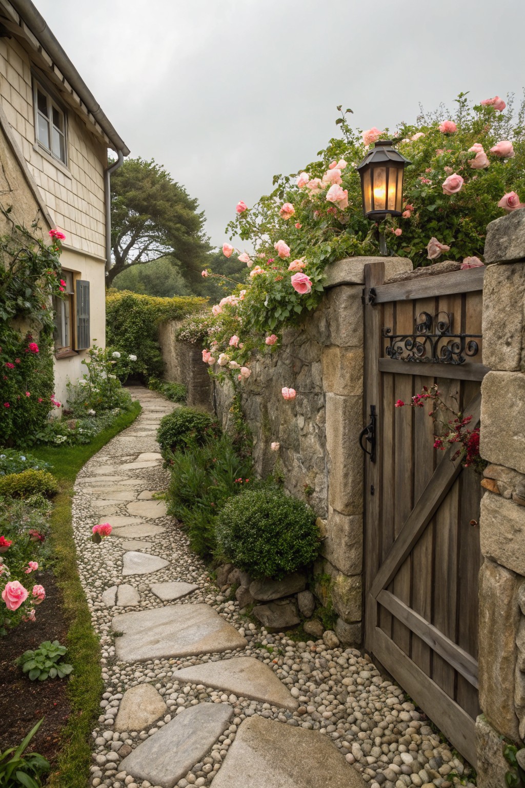 Narrow winding garden path of irregular flat stone slabs set into pea gravel, bordered by pink rose bushes and shrubs against stone walls, with a wooden gate at the end beside a shingled house exterior.
