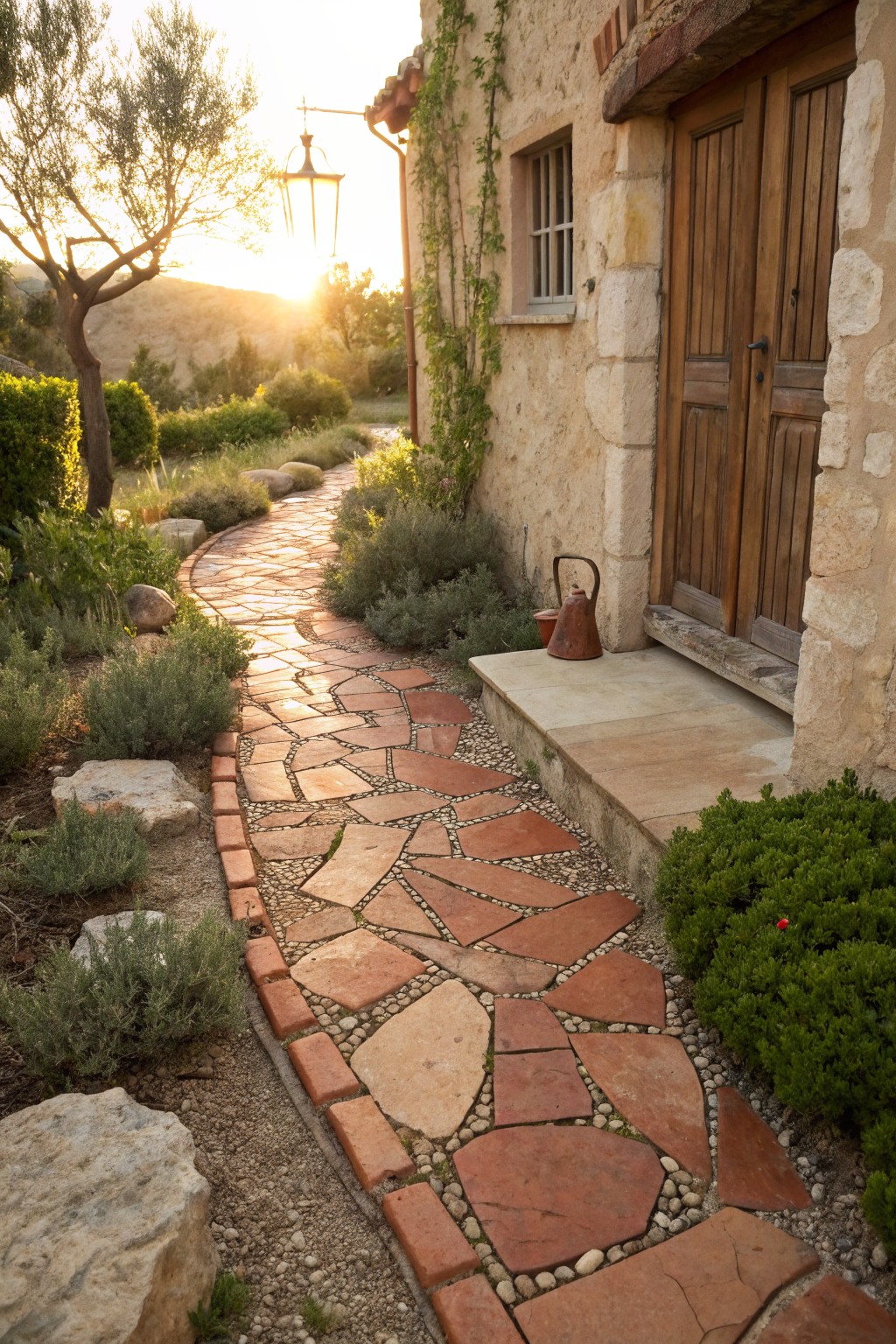 A curving path of irregular terracotta tiles and pebbles leads to wooden double doors on a stone house, edged by lavender plants, rocks, and shrubs with olive trees and hills in the background at sunset.