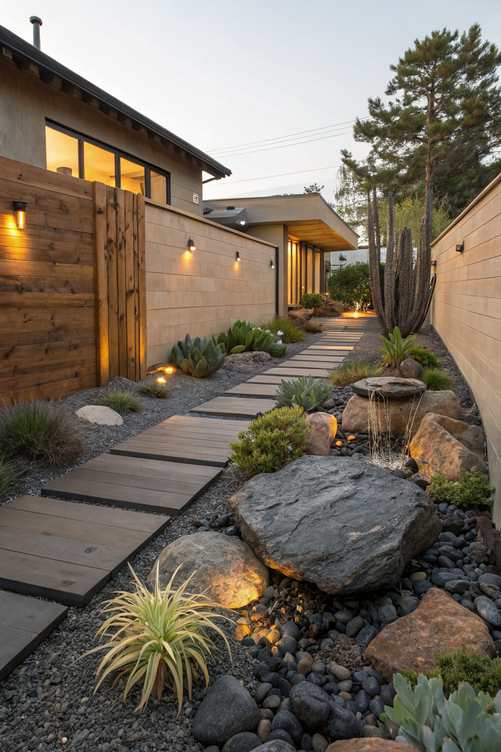 Narrow side yard pathway of rectangular dark wood stepping stones set in gravel amid large boulders and small succulents, lit by low ground lights, between wooden fence and stucco wall.