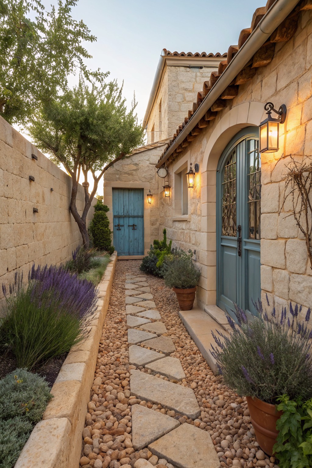 Narrow outdoor pathway of irregular stone pavers set in gravel, bordered by lavender plants and stone walls, leading to blue double doors on a beige stone house with wall lanterns and trees nearby.