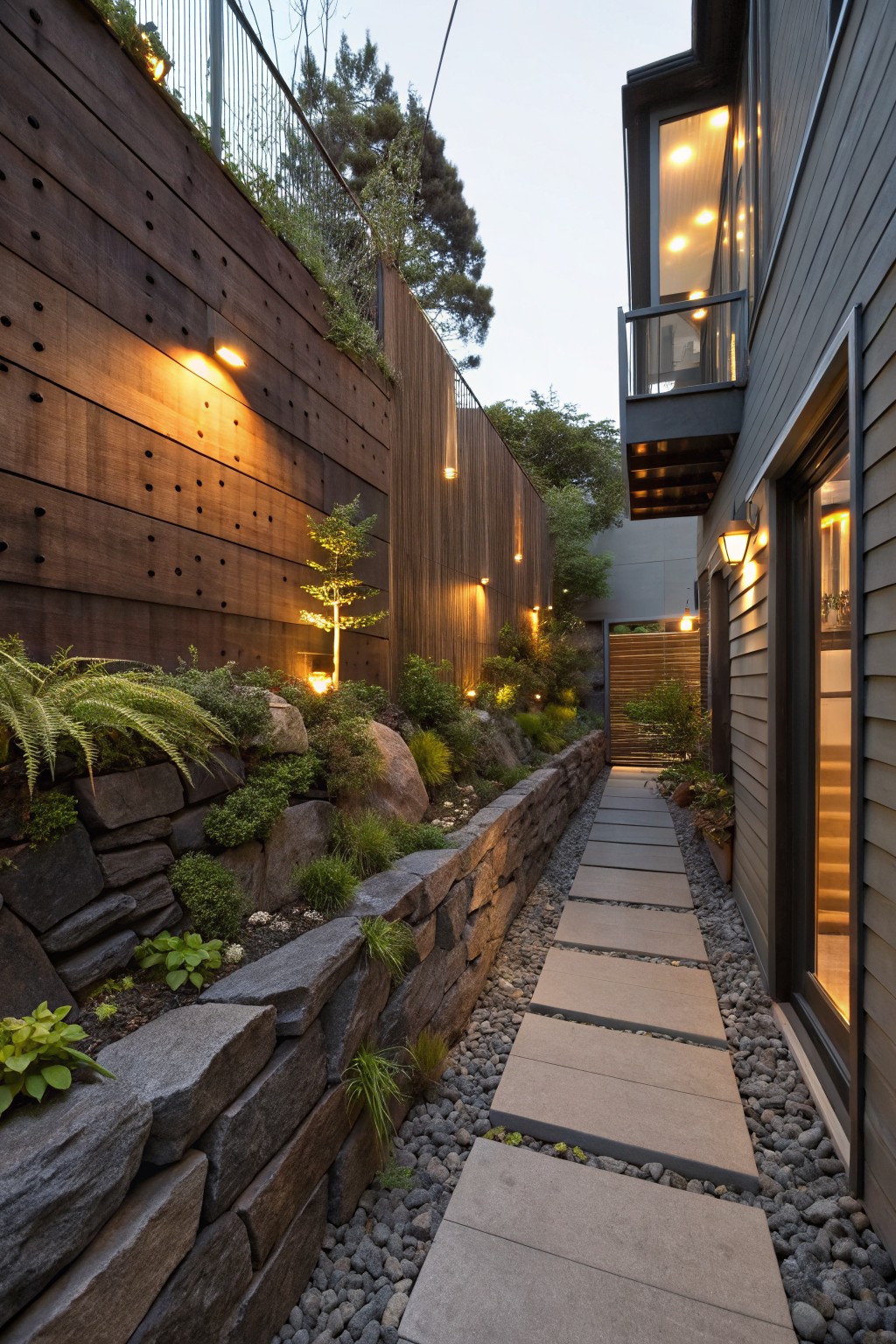 Narrow side yard pathway with stacked dark stone retaining walls planted with greenery and grasses, concrete pavers on gravel ground cover, wooden slatted fence, and adjacent modern house exterior with windows and lighting.