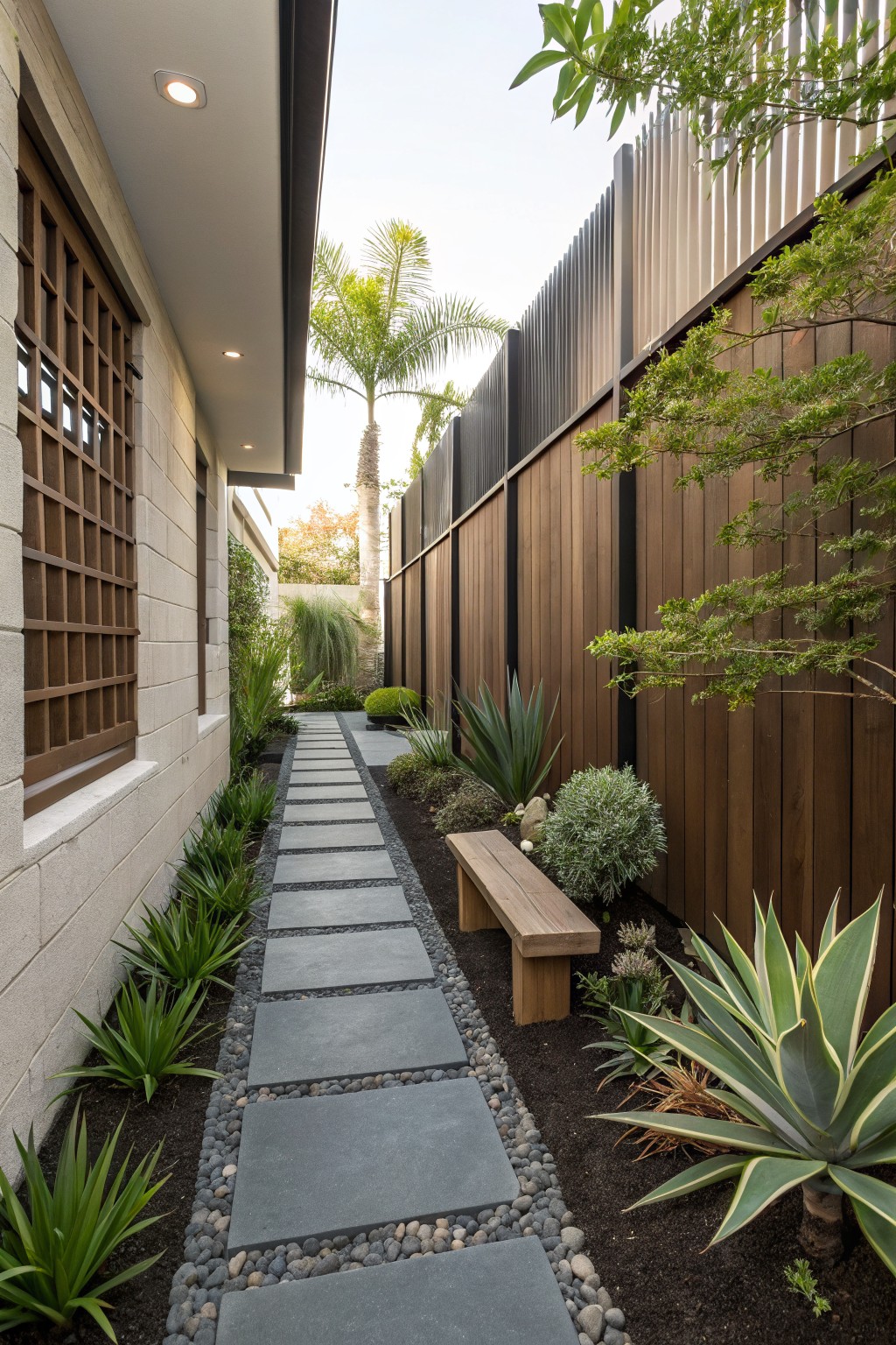 Narrow outdoor pathway of rectangular dark stone slabs with pebble borders, flanked by agave plants and grasses, a wooden bench in the middle, between a light stucco house wall with wooden lattice windows and a tall wooden fence.