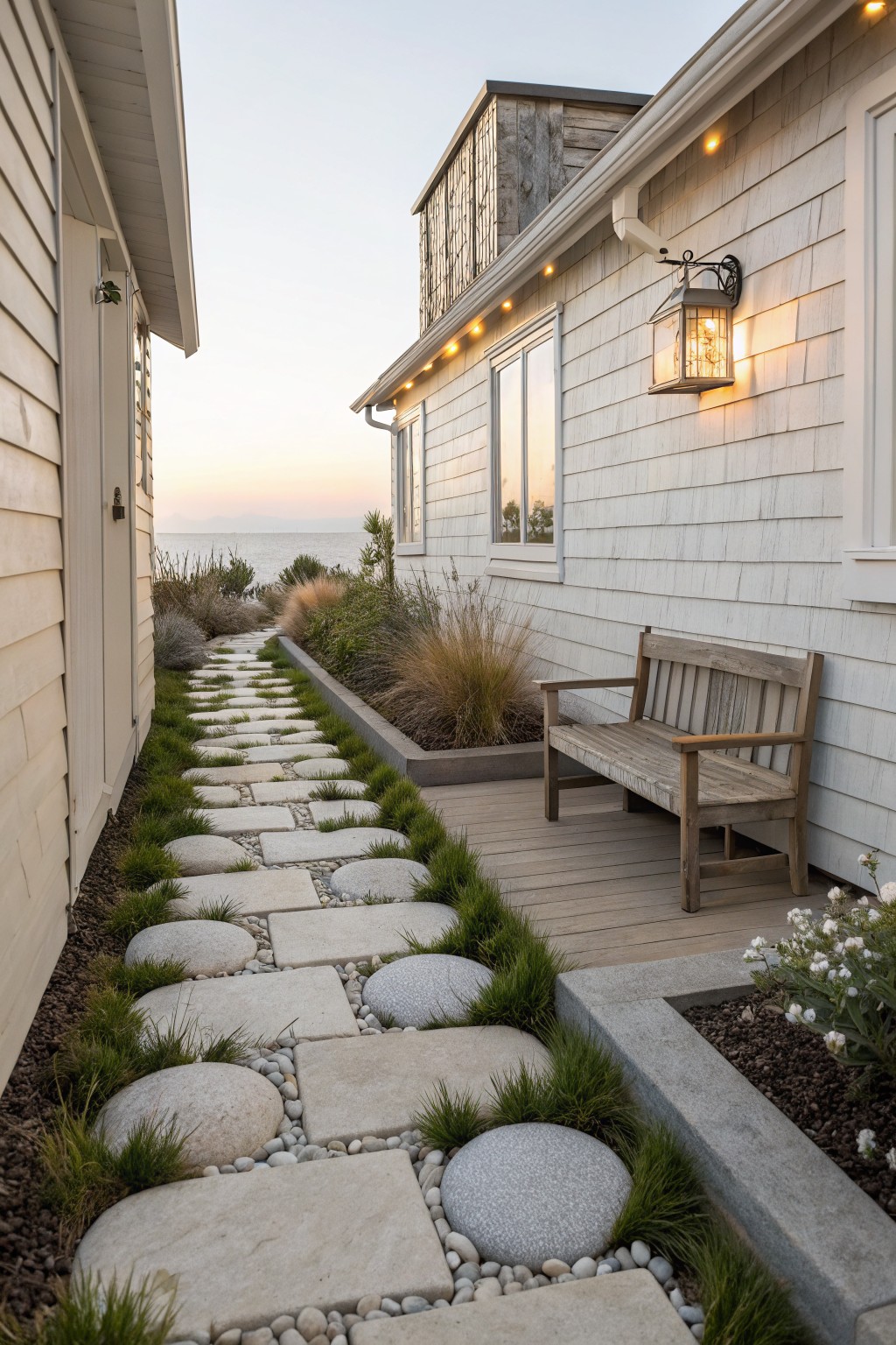 Narrow side yard pathway of rectangular stone slabs and round boulders interspersed with green grass tufts, bordered by white shingled walls, a wooden bench on a deck, and landscaping, with ocean view at dusk.