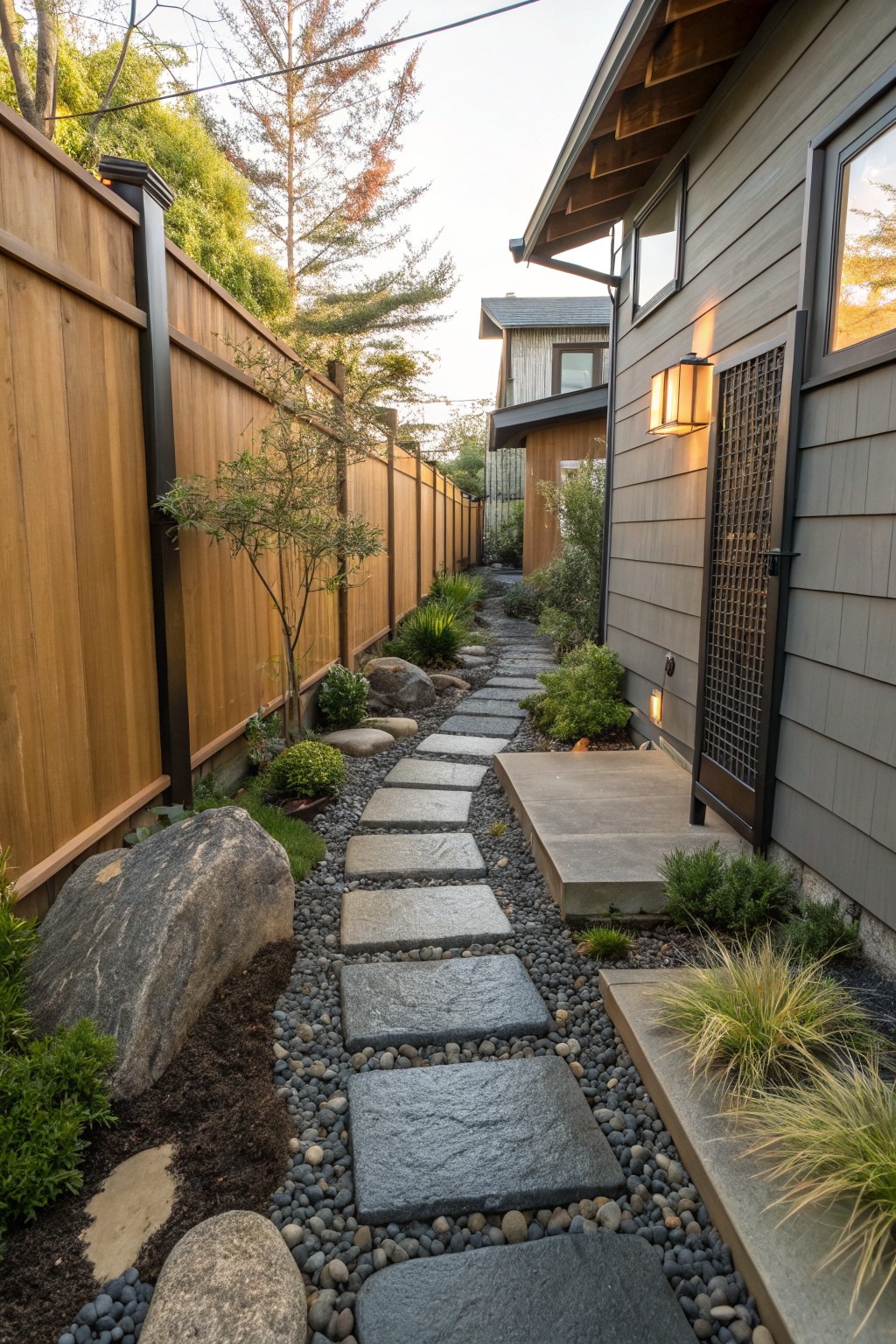 Narrow side yard pathway of irregular dark stepping stones set in black gravel, bordered by large boulders, low shrubs, grasses, and wooden fences, next to a gray house wall with a metal screen door.