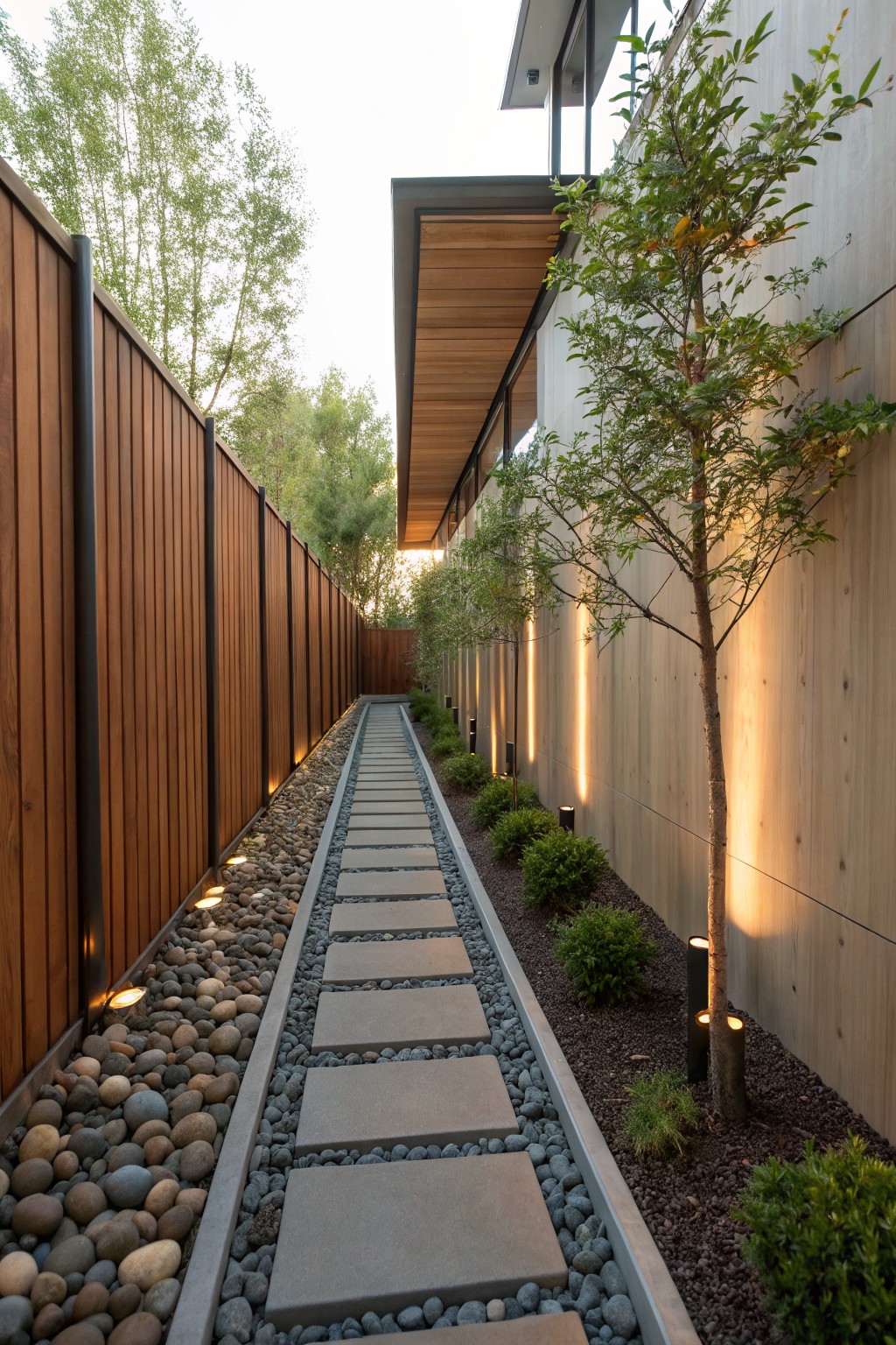 Narrow side yard pathway of large gray concrete stepping stones centered in a linear bed of multicolored river rocks and gravel, edged by low shrubs and plants, with black uplights along a cedar wood wall and reddish wooden fence.