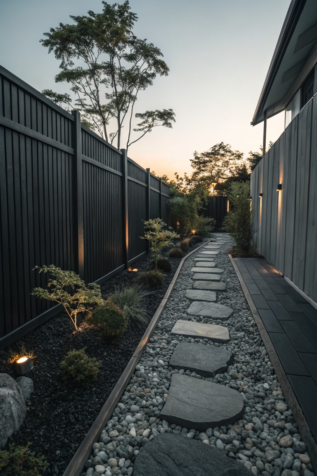 Narrow side yard pathway of irregular gray stepping stones in a bed of small gray pebbles and black gravel, lined with low green plants and shrubs, flanked by tall black wood fences and a gray wood house wall with lights, at dusk.