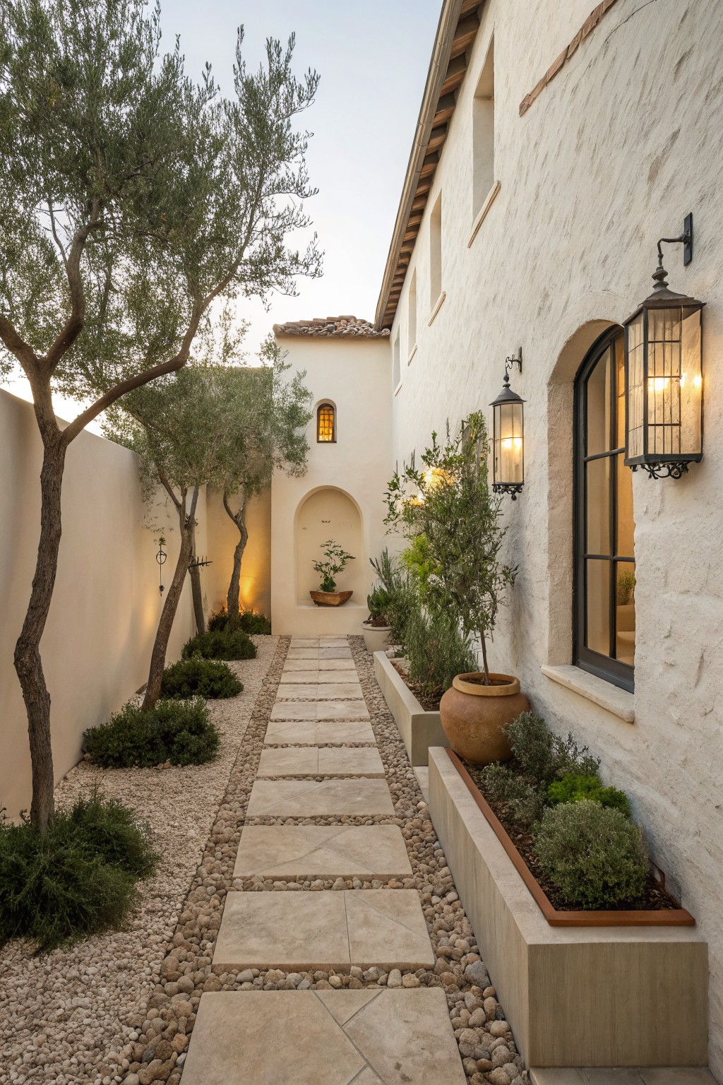 Narrow side yard pathway of large beige stone pavers bordered by white gravel and small shrubs, adjacent to a white stucco wall with black-framed arched windows and metal lantern lights.