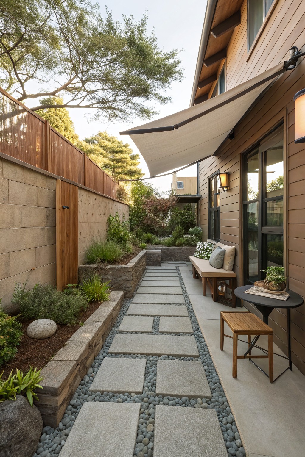 Narrow side yard with a pathway of large gray stone slabs set into white pebble gravel, bordered by a planted stone retaining wall on one side, wooden fence on the other, wooden bench and small table near the house wall with windows and a beige shade sail overhead.