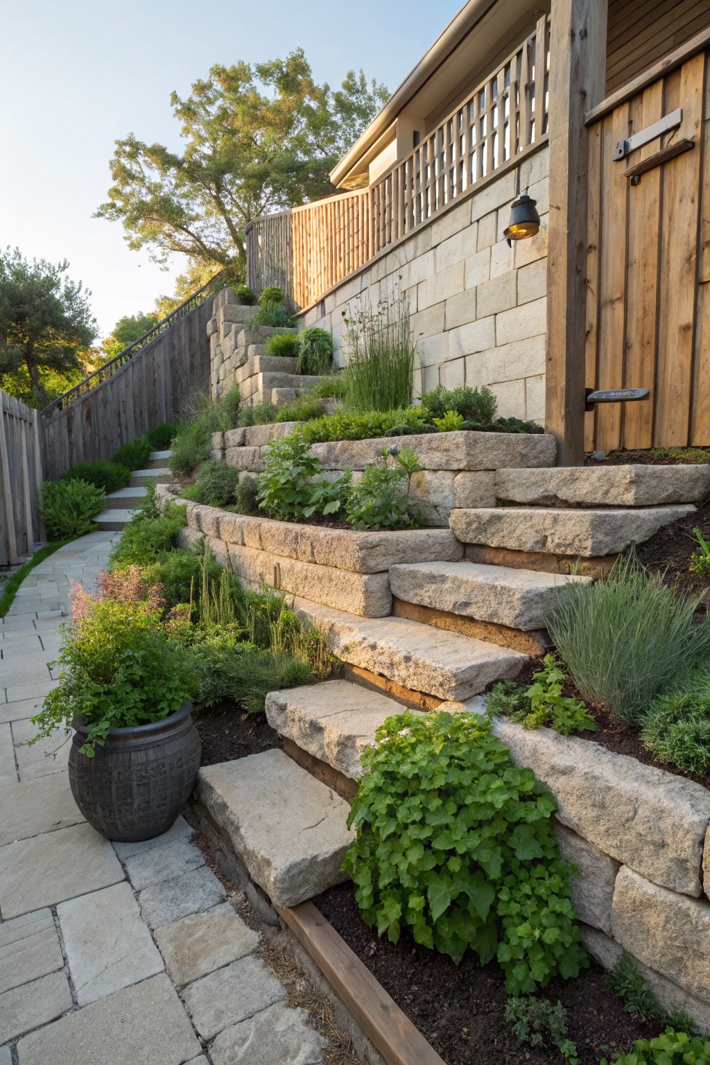 Sloped side yard with terraced limestone retaining walls forming wide steps, filled with various green plants and herbs, a stone paver path at the base, a large black pot with trailing plants, and a wooden gate and deck railing above.