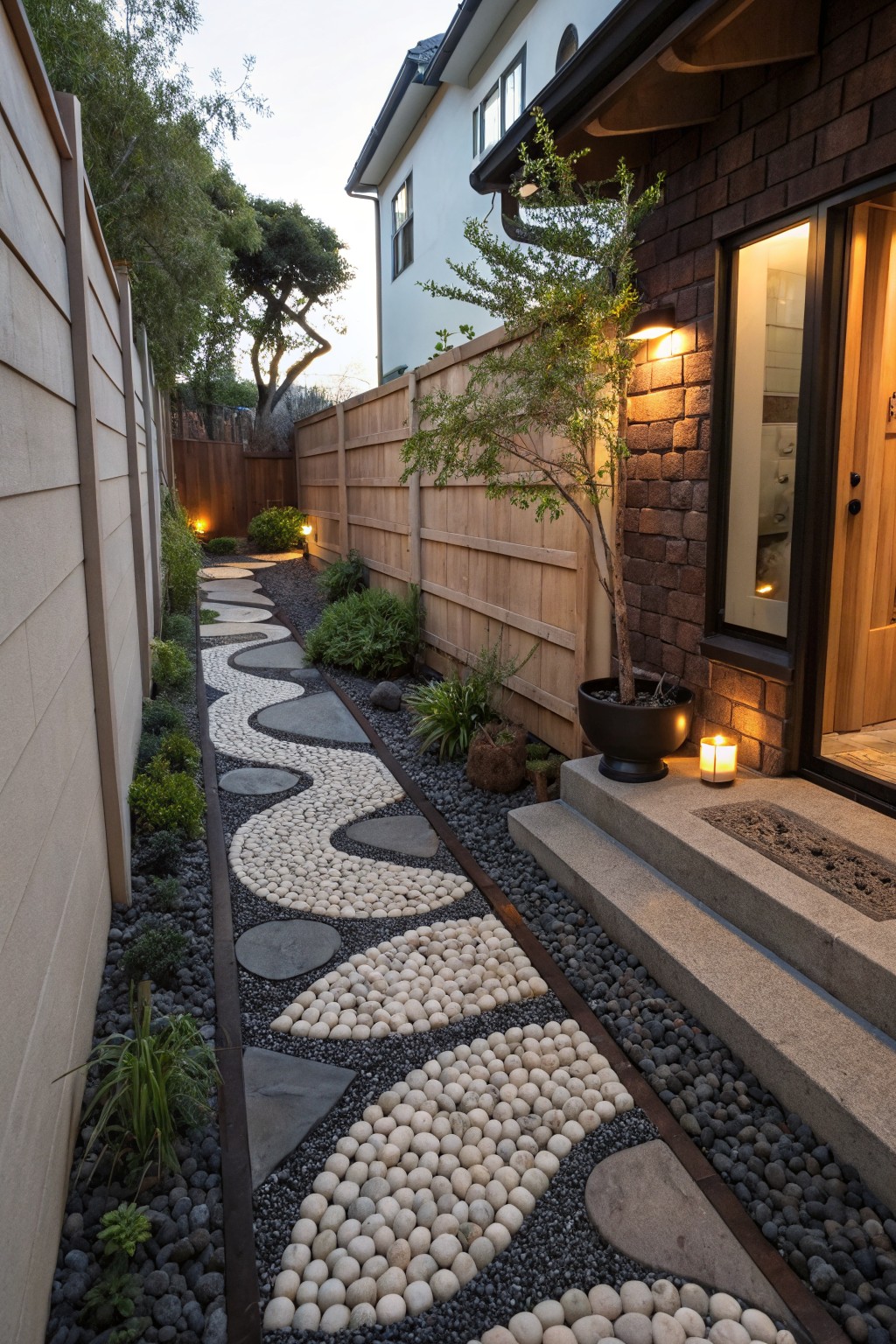 Narrow side yard with a winding pathway of white round pebbles embedded in black gravel, bordered by plants, rocks, and fences leading to a brick house entry door.