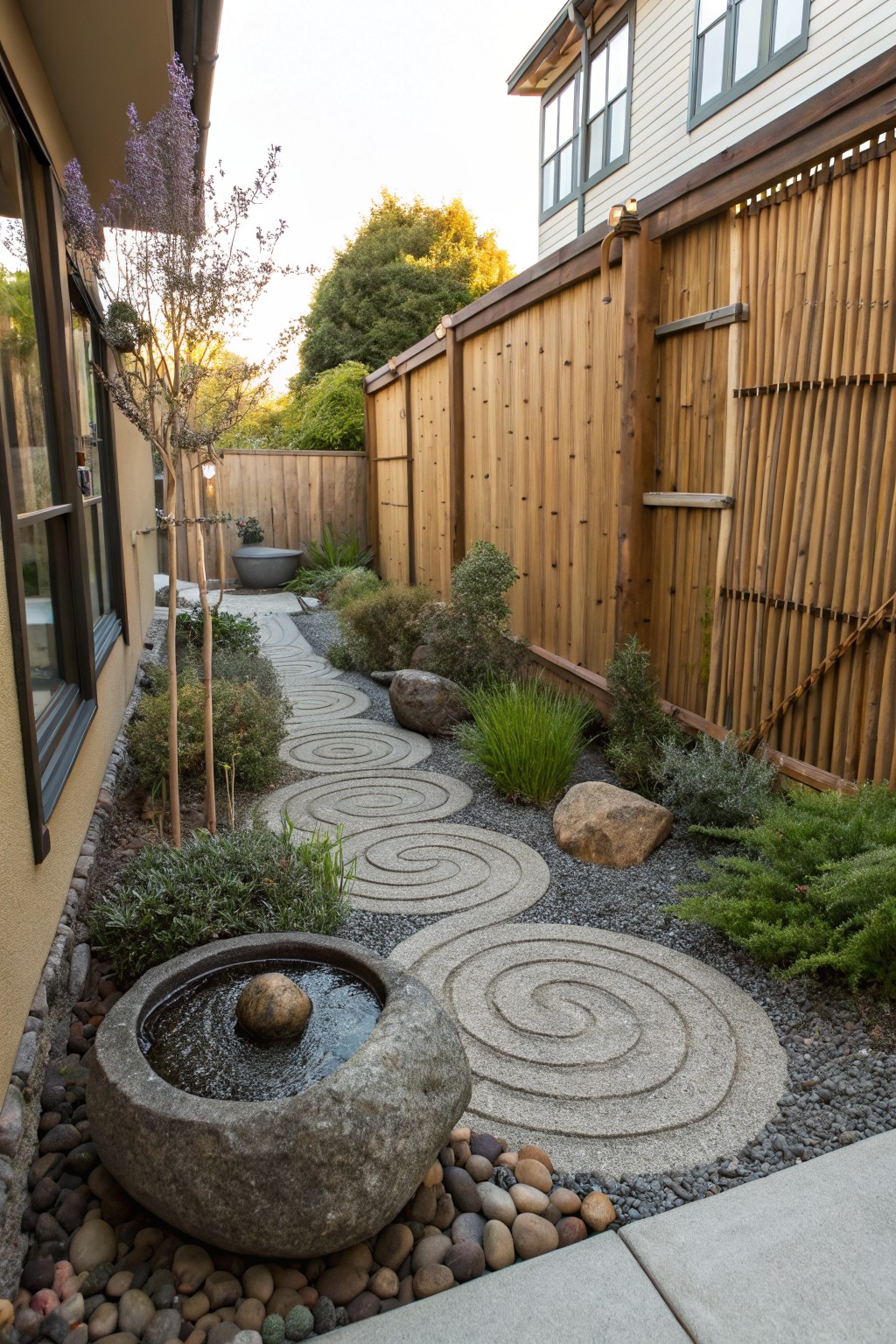 Narrow side yard with gray gravel, multiple concentric circular concrete paver paths, large irregular stone fountain containing water and a central rock, scattered boulders, low plants, and wooden bamboo-style fencing beside a house wall.