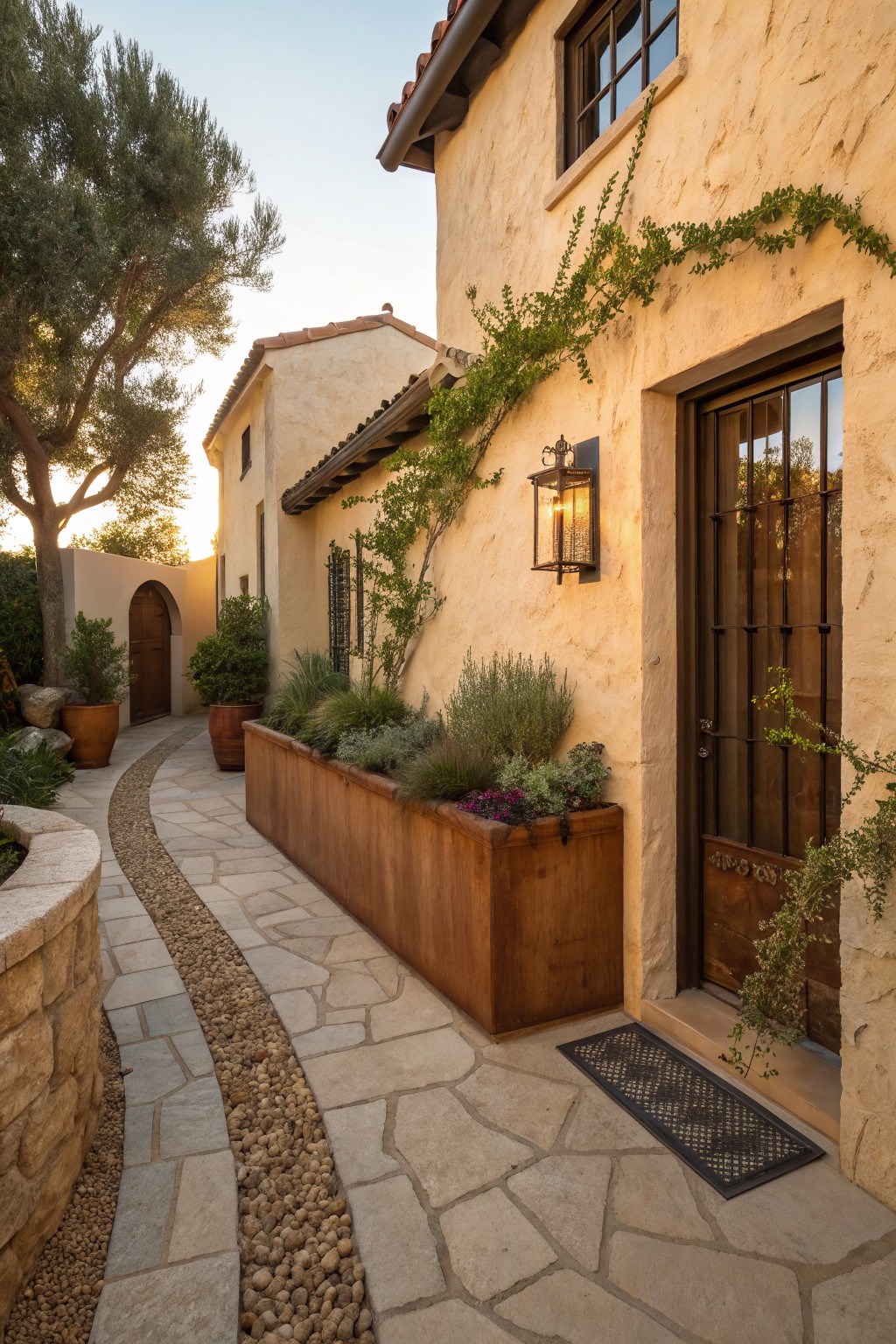 Narrow outdoor side yard pathway made of irregular stone slabs with a bordering strip of pebbles and gravel, lined by a long wooden planter box with shrubs and succulents, leading to a metal-grille wooden door on a beige stucco wall.