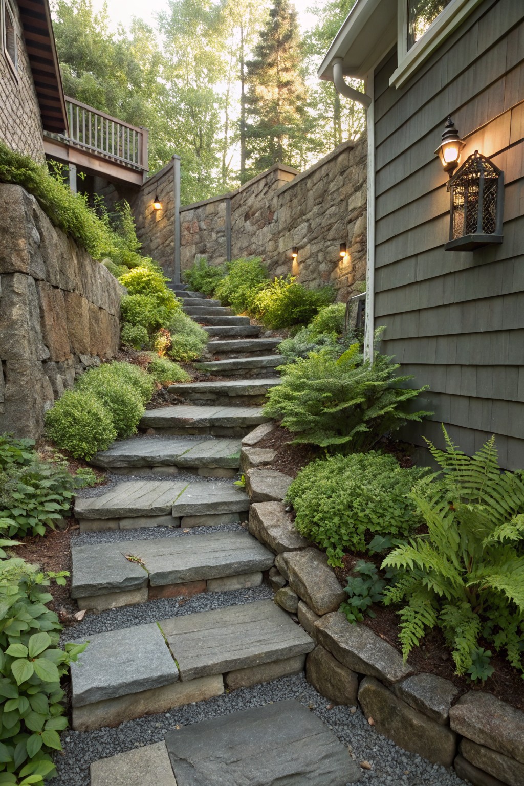 Winding irregular stone steps ascend a steep rocky hillside between tall stone retaining walls and a dark shingled house wall, bordered by green ferns, shrubs, and gravel, with wall-mounted lanterns.