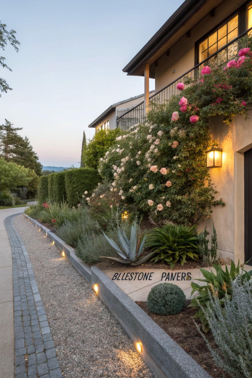 Bluestone paver pathway edged by concrete borders with gravel beds containing agave plants, succulents, and shrubs, alongside a beige stucco house with climbing pink and white roses on the wall and low-voltage lights at dusk.
