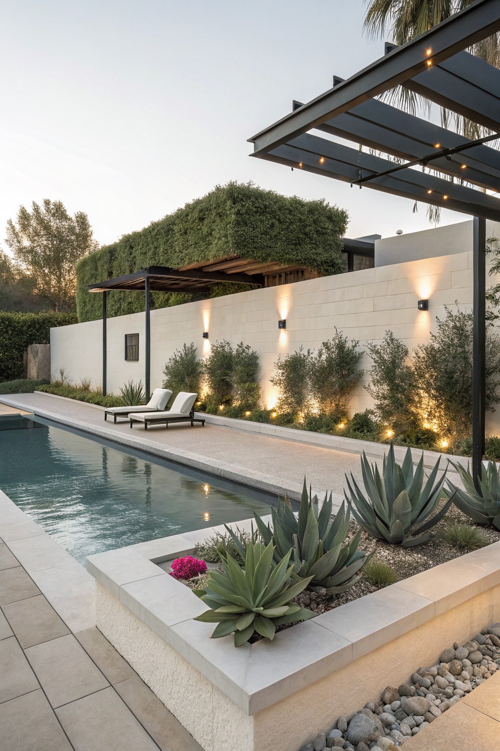 Narrow infinity-edge swimming pool at dusk with two white loungers on a light stone deck nearby, raised concrete planter along the pool filled with agave plants and pink rose flowers, white block wall with uplights and green shrubs in the background.