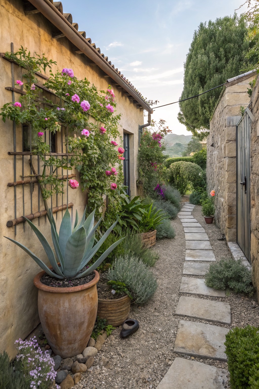 Narrow gravel and stone pathway beside ochre stucco wall covered in pink climbing roses on wooden trellis, large agave in terracotta pot, various succulents and shrubs, wooden door in stone wall at end.