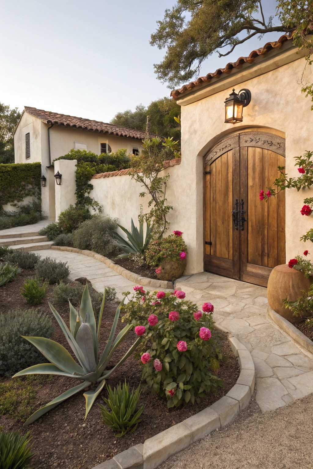 A curved stone pathway edged with agave plants and pink rose bushes leads to a large wooden arched gate in a beige stucco wall, surrounded by additional succulents, potted plants, and a partial view of a tiled roof house.