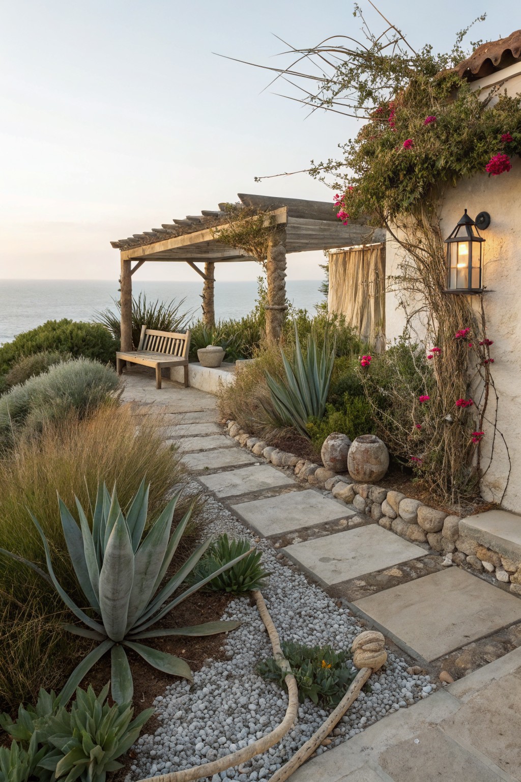 Stone pathway edged with gravel and rocks winds through agave and succulent plantings beside an adobe wall with climbing pink bougainvillea, leading to a wooden pergola bench overlooking the ocean.
