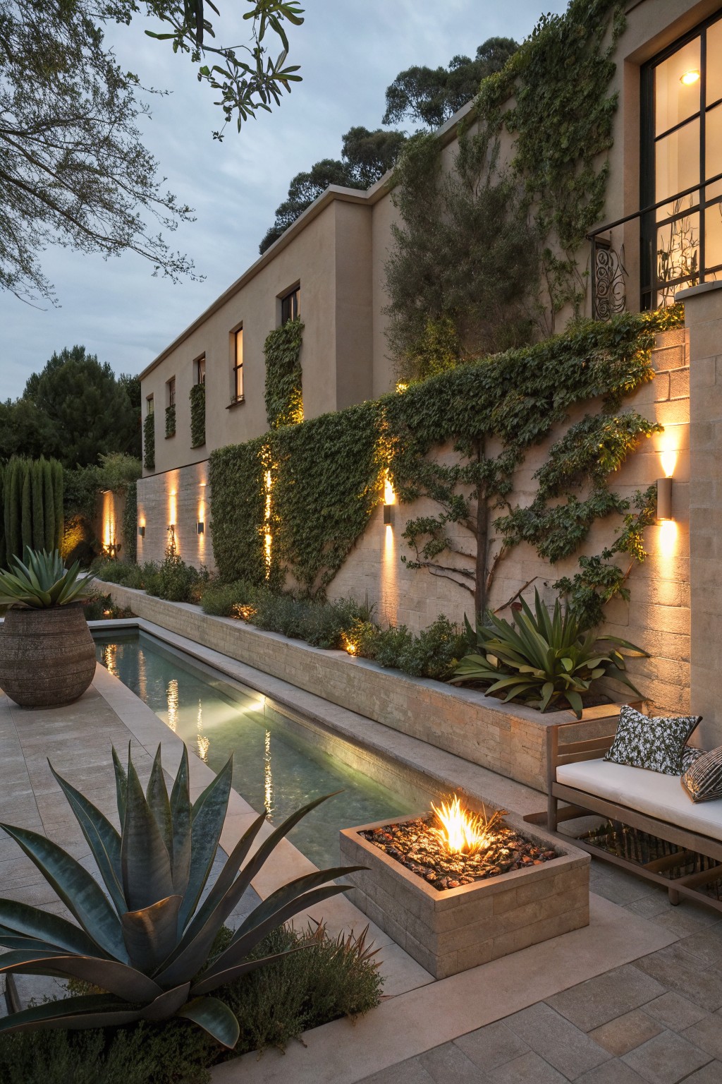 Narrow reflecting pool alongside ivy-covered beige stucco house wall at dusk, flanked by agave plants, stone hardscaping, wall lights, fire pit, and teak bench with cushions.