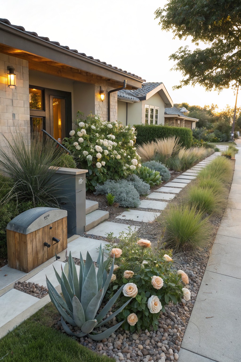 Front yard of a stucco house at dusk with agave plants, rose bushes, hydrangeas, ornamental grasses, gravel mulch, concrete stepping stones, and wooden mailbox beside a sidewalk.
