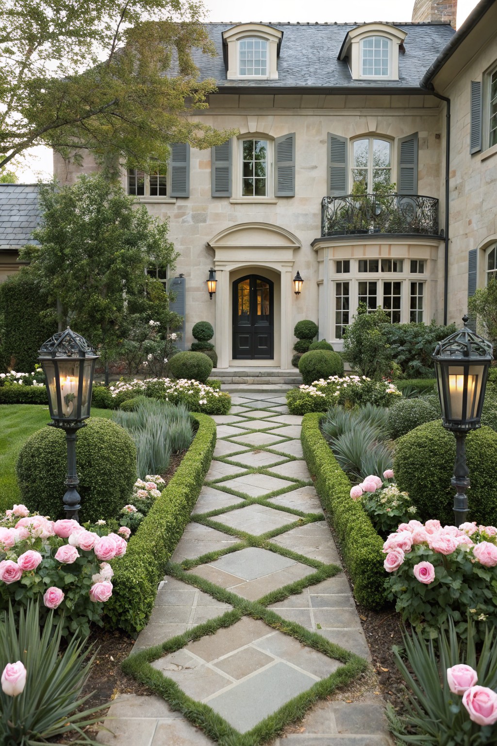 Beige stone house facade with arched entry door, flanked by lanterns, topiary shrubs, pink roses, agaves, and a diamond-patterned stone pathway edged in grass.
