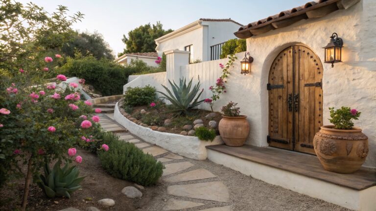 A curved stone pathway edged with agave plants and pink rose bushes leads to a large wooden arched gate in a beige stucco wall, surrounded by additional succulents, potted plants, and a partial view of a tiled roof house.