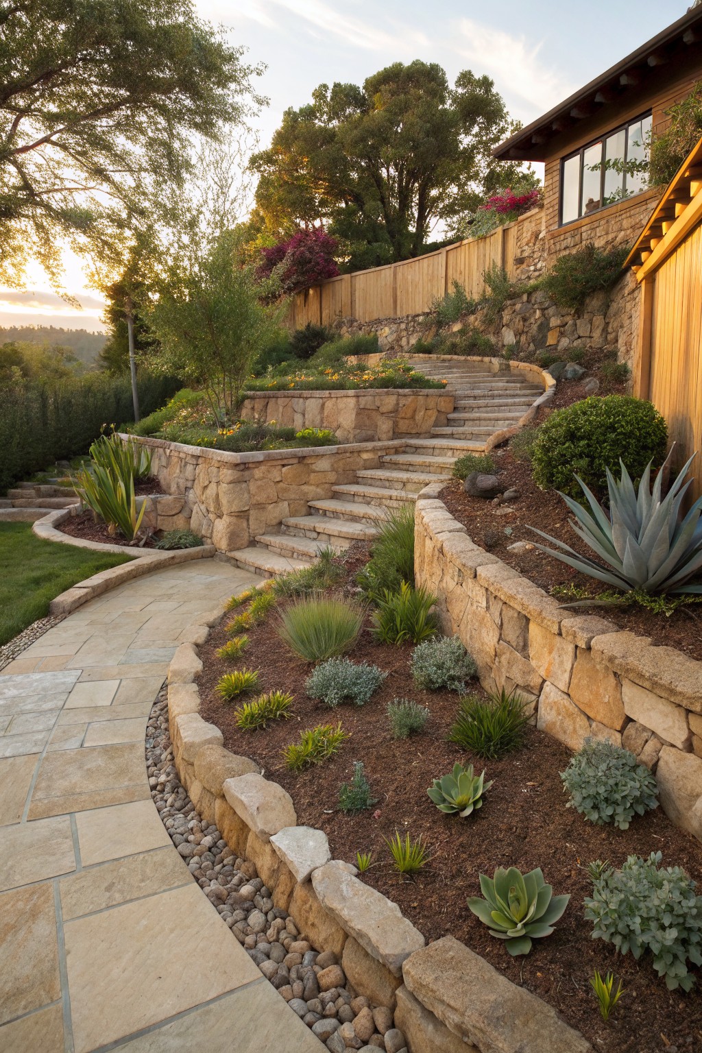 Winding flagstone path curves through multi-level stone retaining walls planted with agaves, grasses, and succulents beside a house on a hillside at sunset.