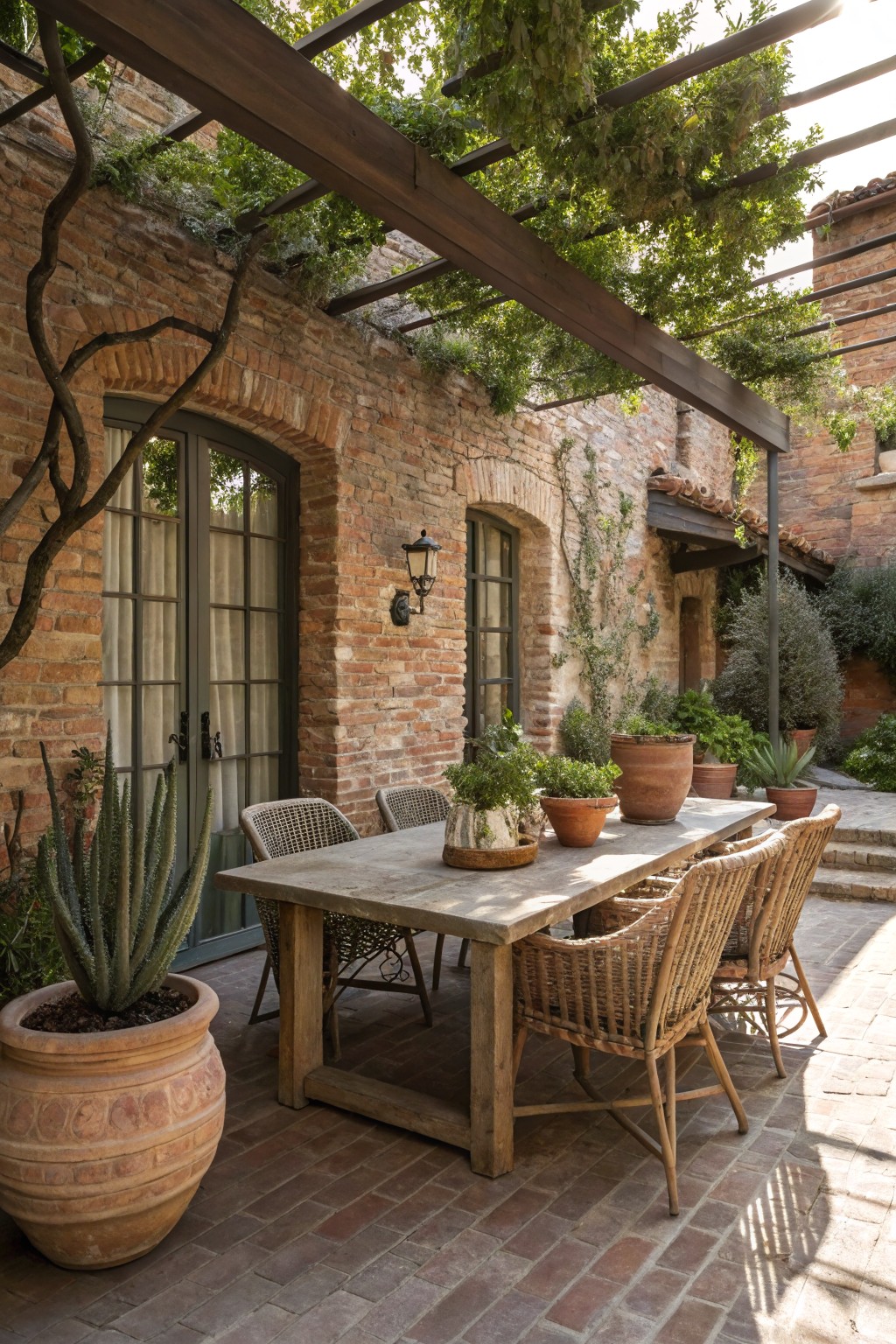 Brick terrace dining area with rectangular wooden table, rattan chairs, large terracotta pots of agave plants, under vine-draped pergola beside brick wall with French doors.