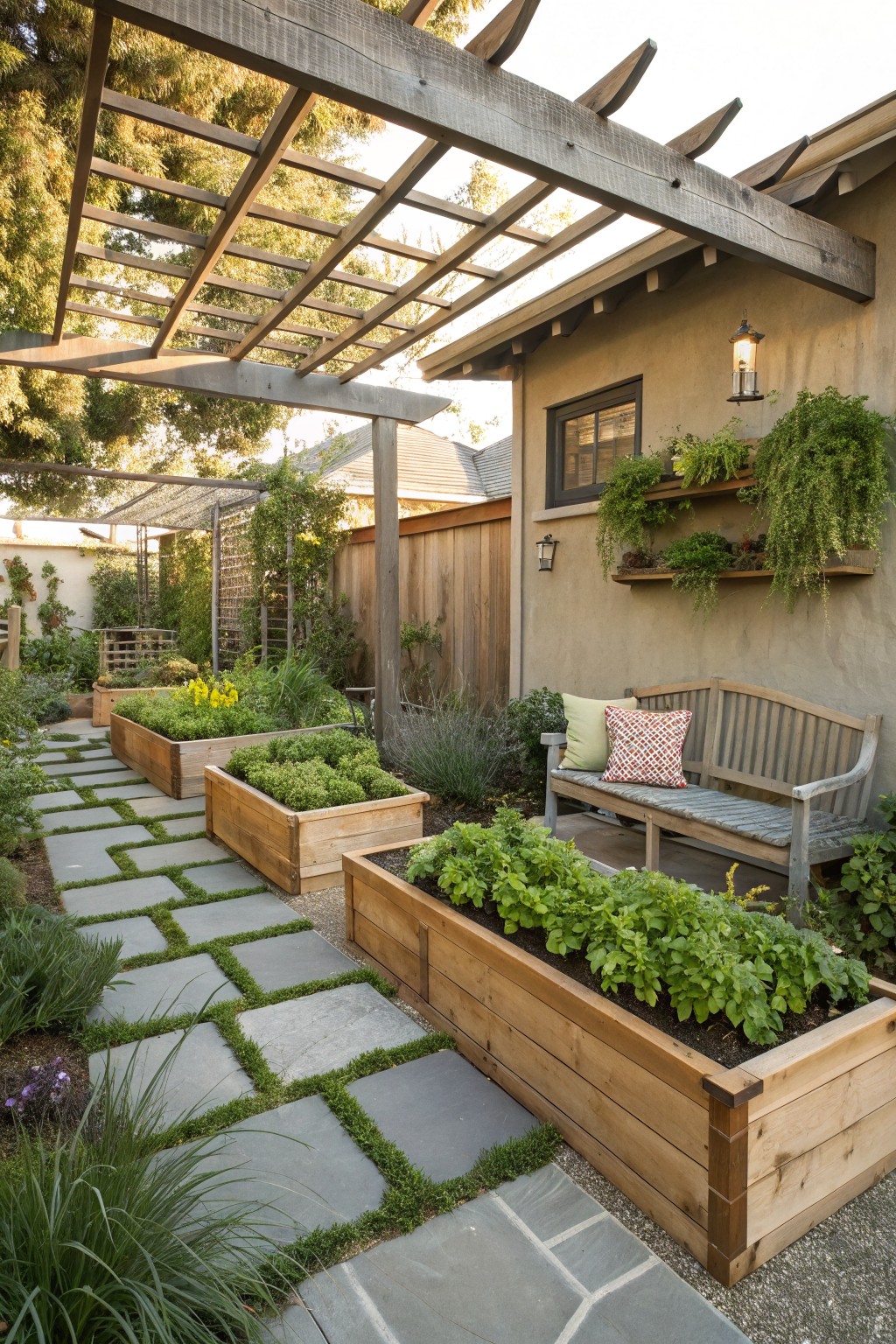 Wooden raised planters filled with herbs and greens line a gray stone pathway in a garden, with a wooden bench nearby, pergola overhead, wall-mounted plants on a stucco wall, and fencing in the background.