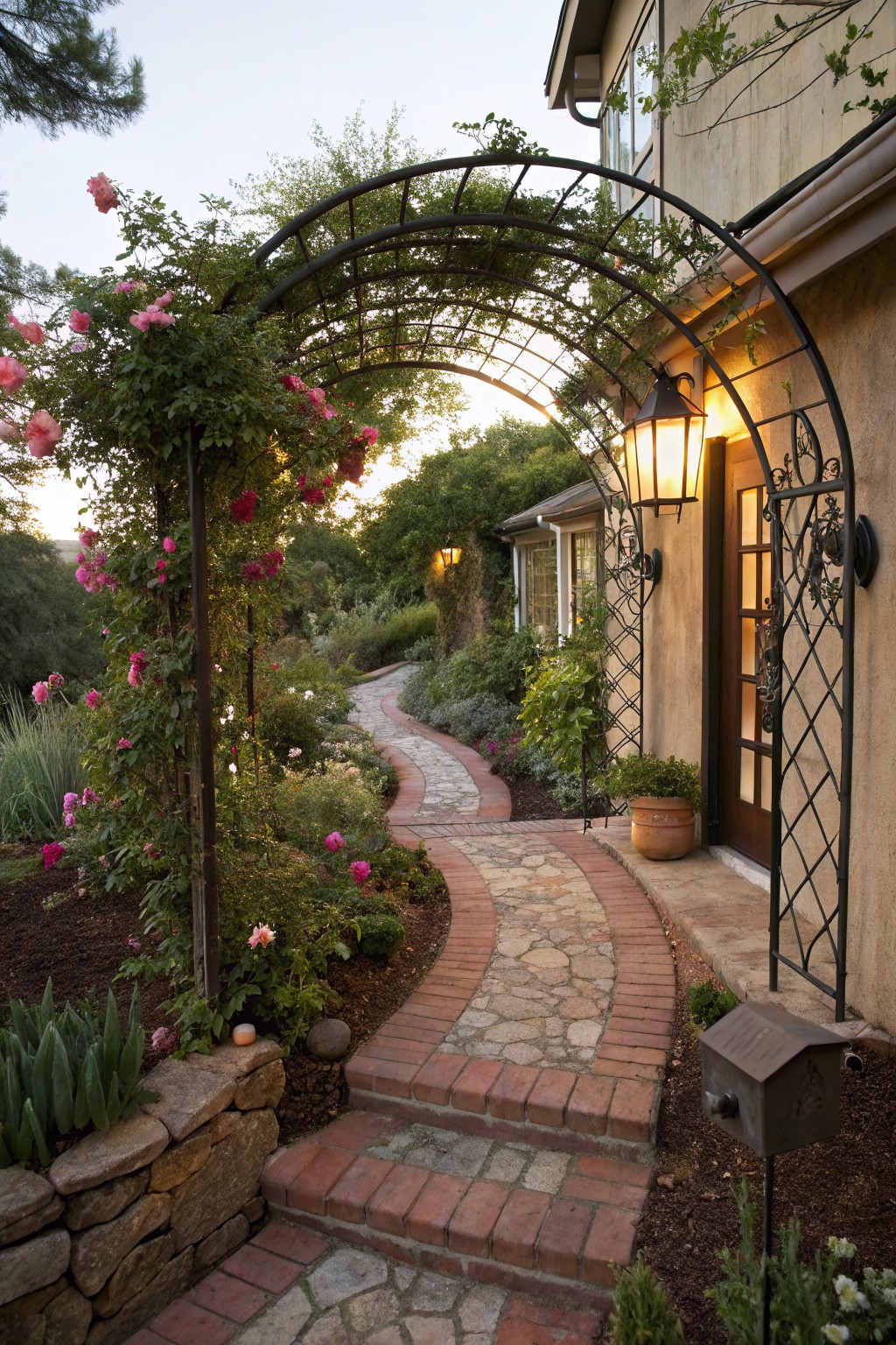 Winding brick path with pebble accents leads to a stucco house door, framed by black metal arches and trellises covered in pink climbing roses, stone retaining wall on one side, potted plant and mailbox nearby, garden plants including agave-like succulents in beds.