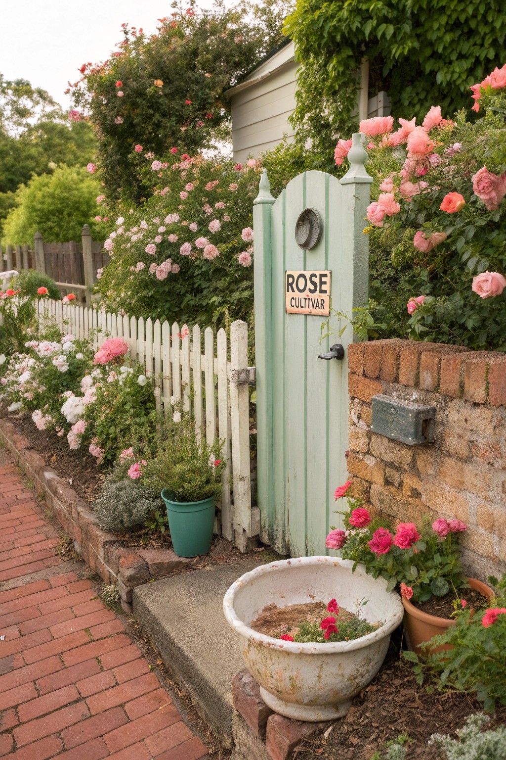 Mint green arched wooden garden gate with round metal handle and 