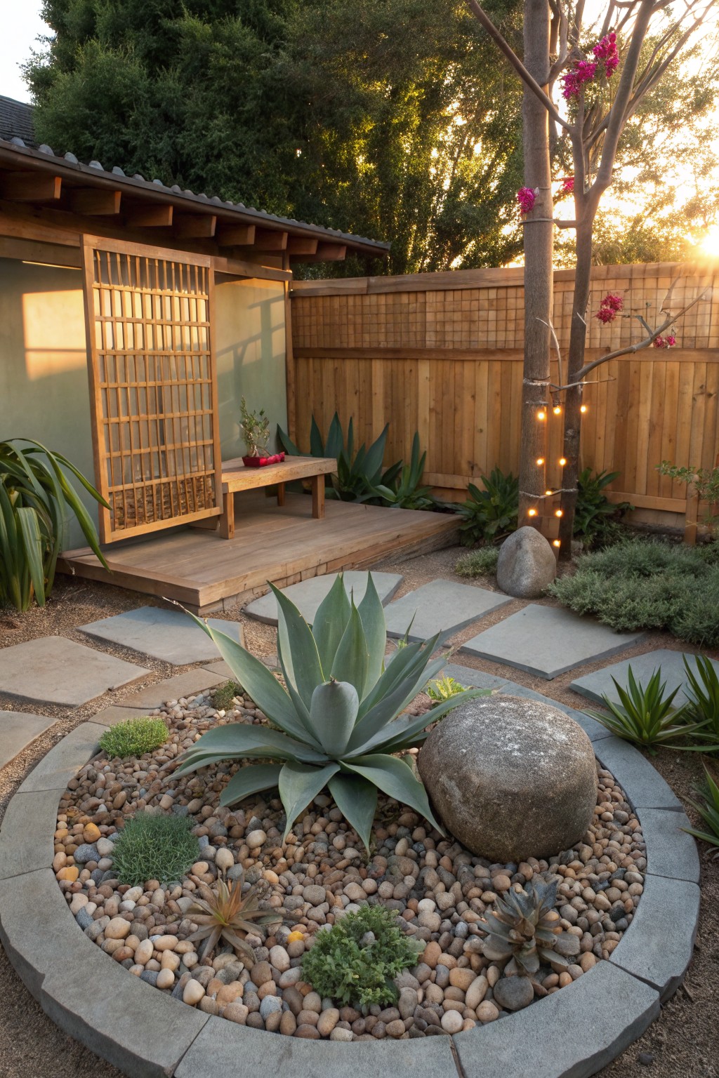 Backyard garden with a circular stone-edged bed containing gravel, agave plants, rocks, and small succulents, next to stone pavers, a wooden deck with shoji screen, and agaves along the edge.