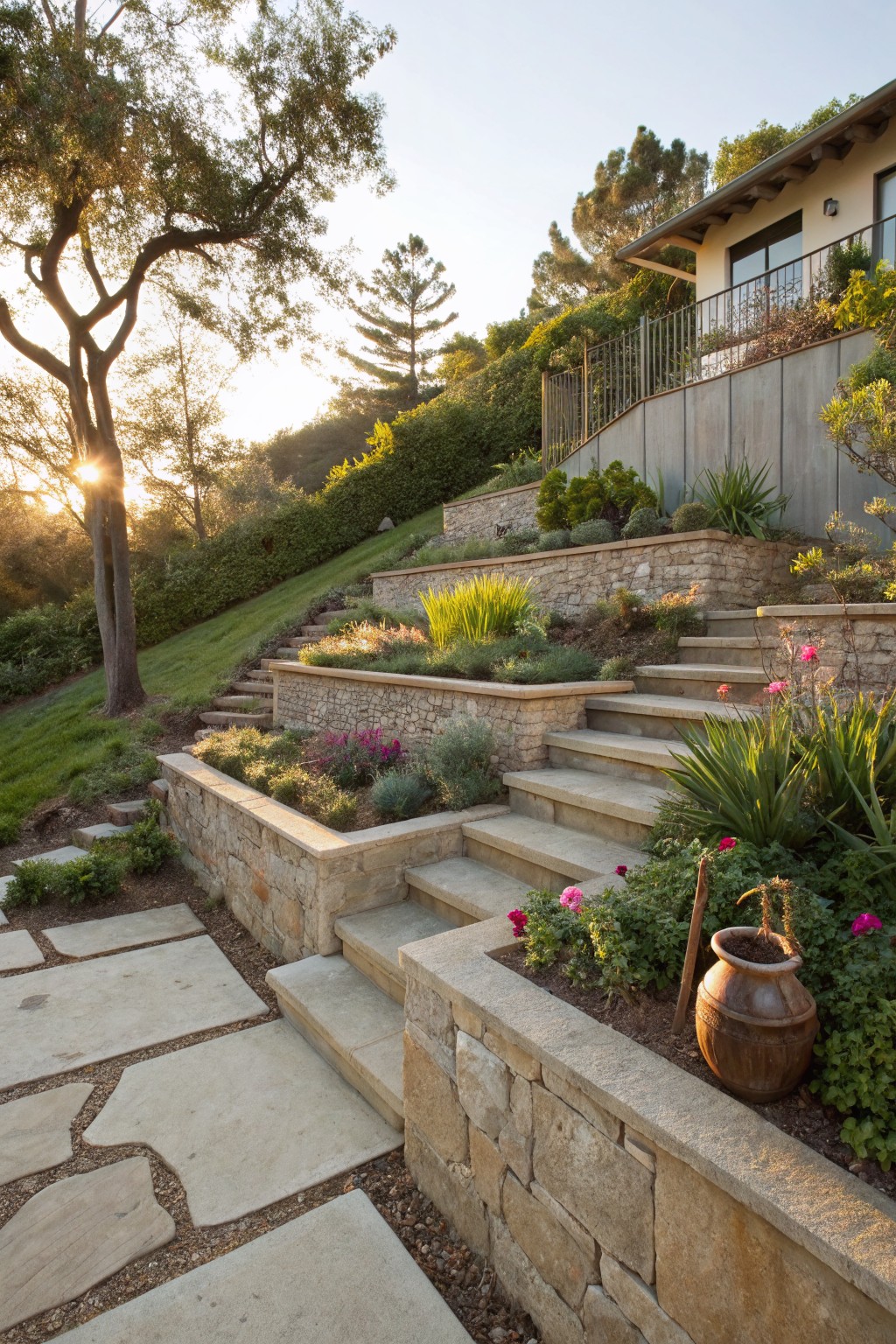 Terraced stone retaining walls and steps on a hillside garden with agave plants, roses, grasses, and succulents leading to a house above.